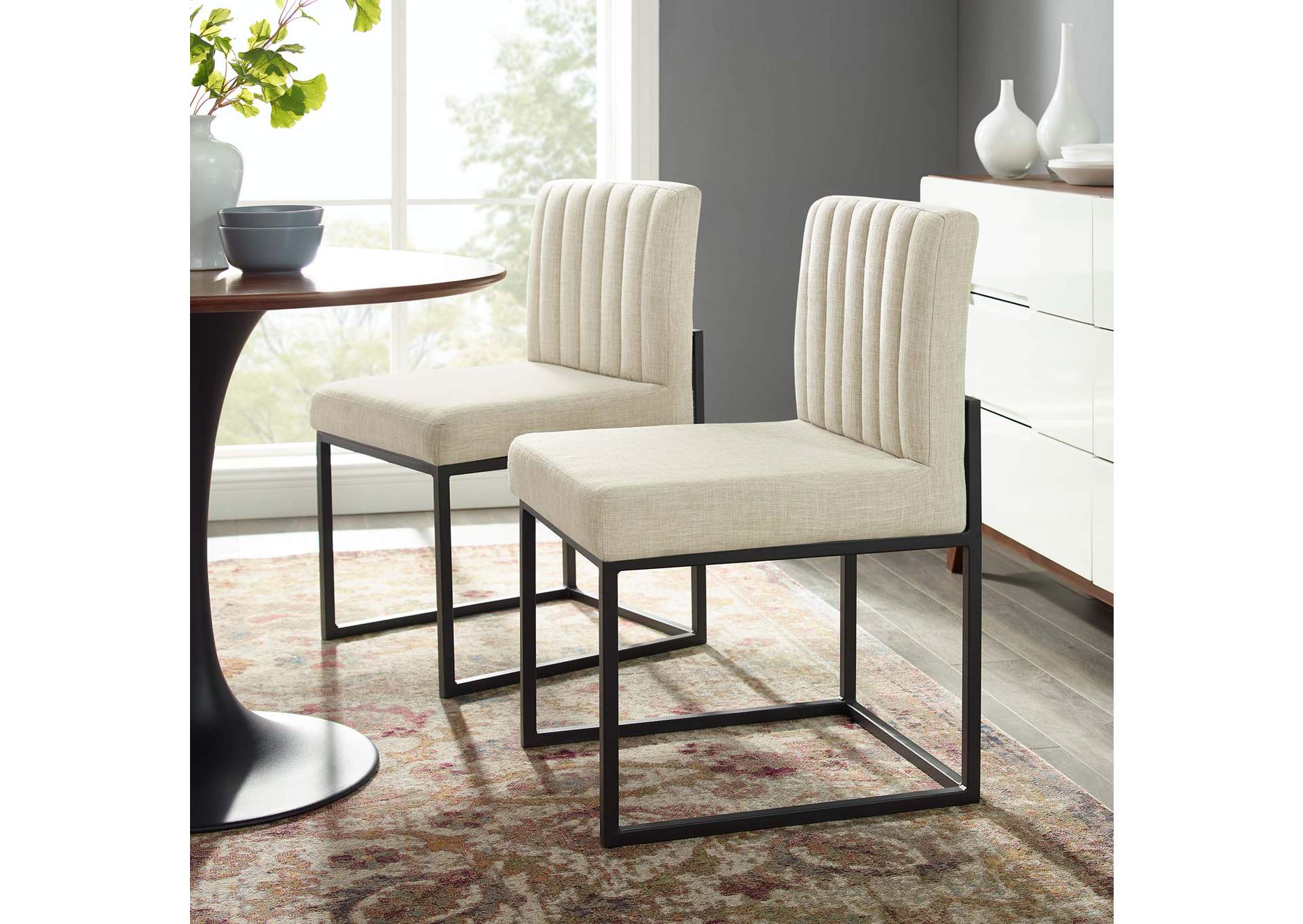 Black Beige Carriage Dining Chair Upholstered Fabric [Set of 2],Modway