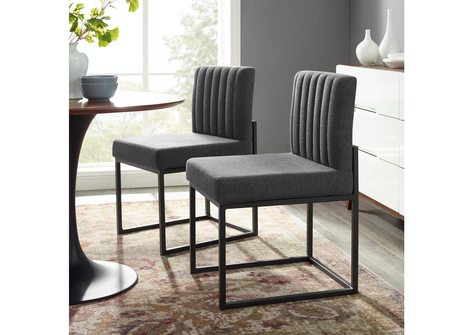 Black Charcoal Carriage Dining Chair Upholstered Fabric [Set of 2],Modway