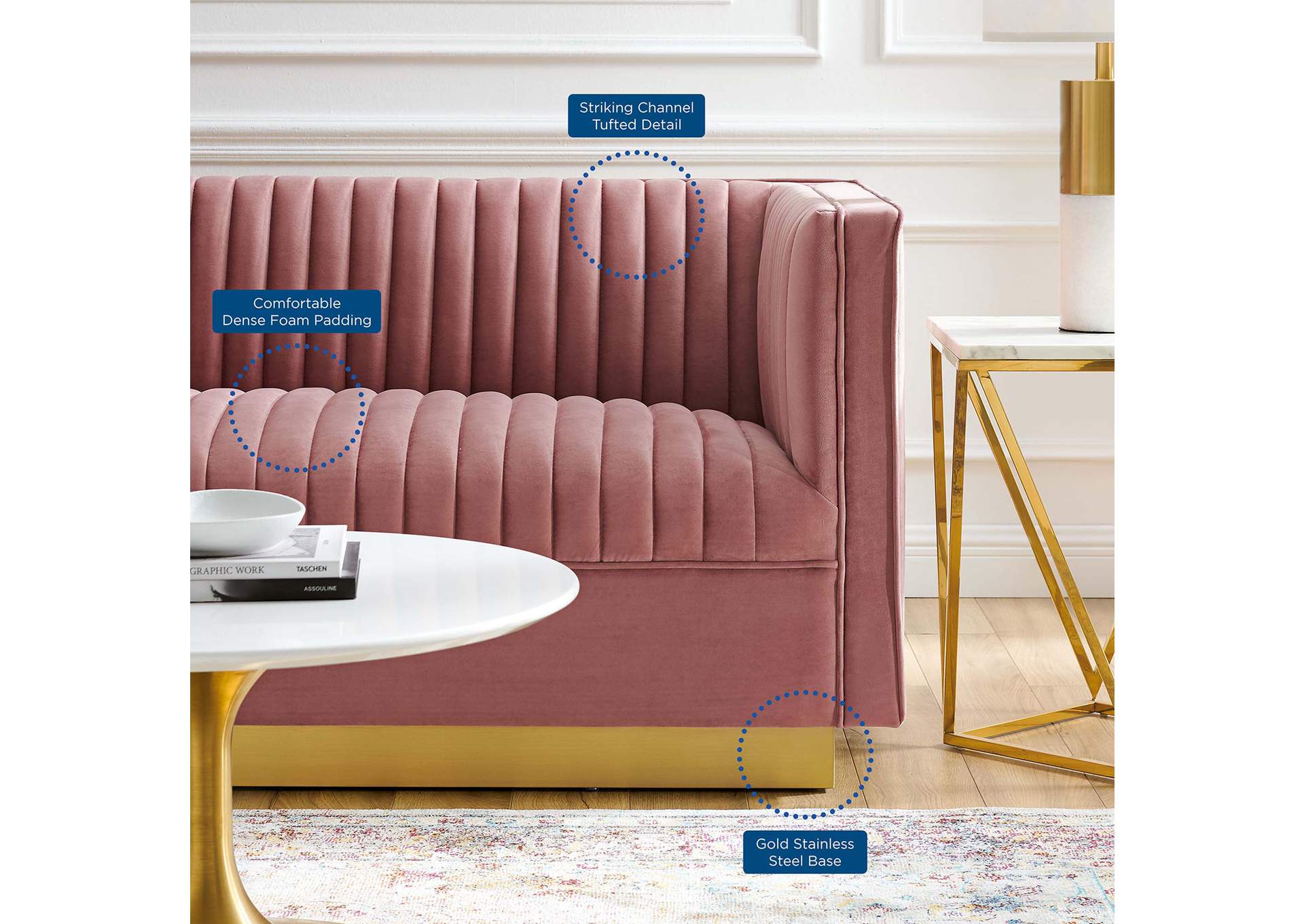 Dusty Rose Sanguine Vertical Channel Tufted Performance Velvet Loveseat,Modway