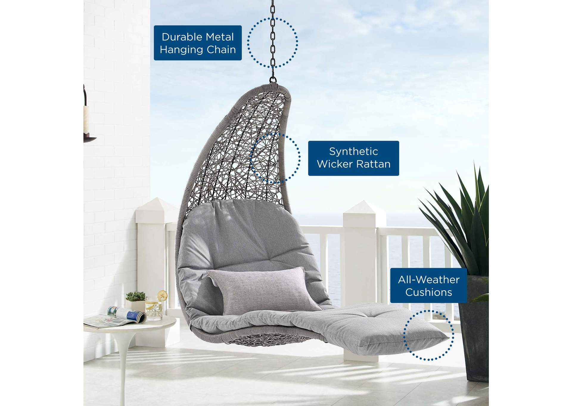 Light Gray Gray Landscape Outdoor Patio Hanging Chaise Lounge Outdoor Patio Swing Chair,Modway