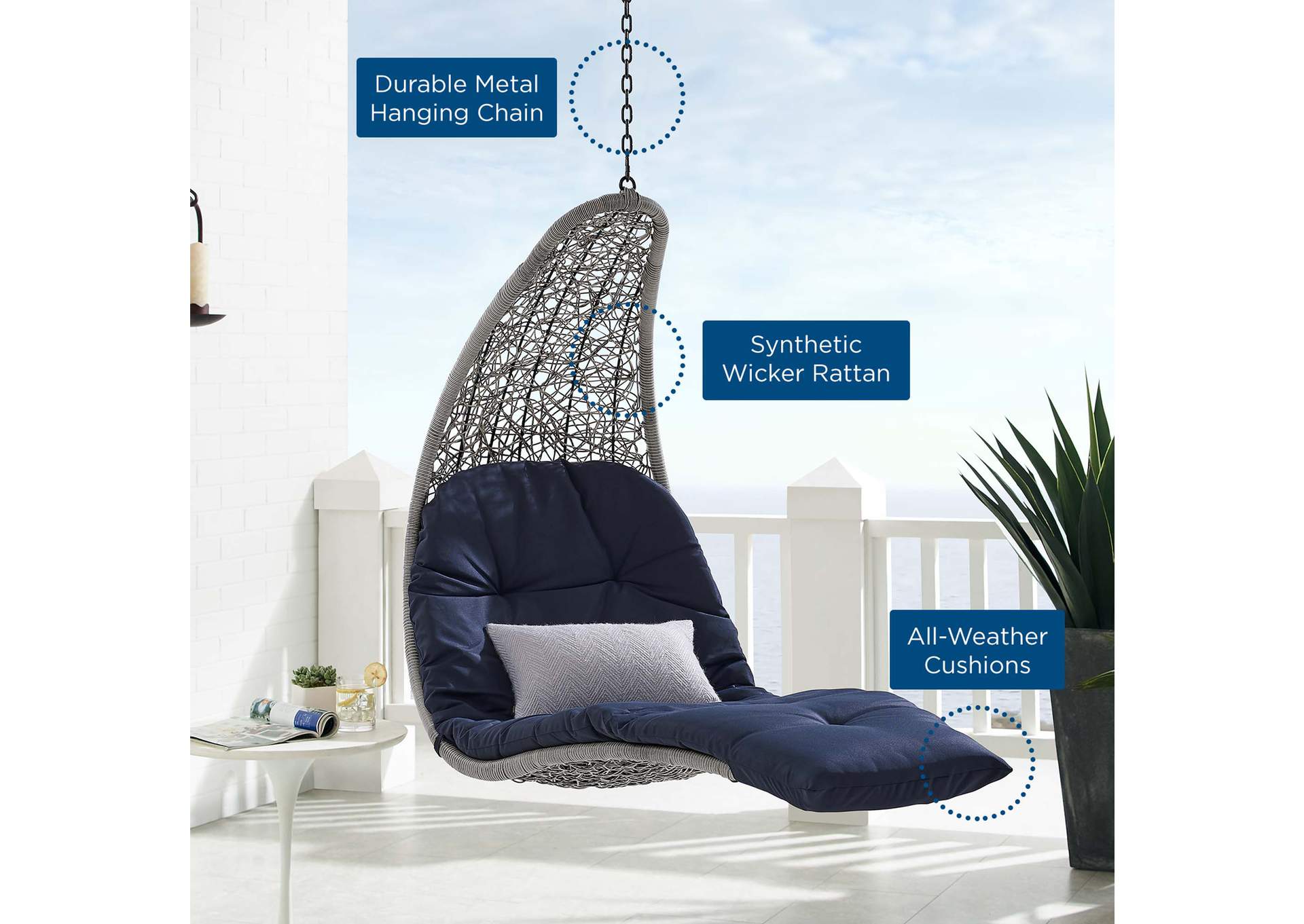 Light Gray Navy Landscape Outdoor Patio Hanging Chaise Lounge Outdoor Patio Swing Chair,Modway