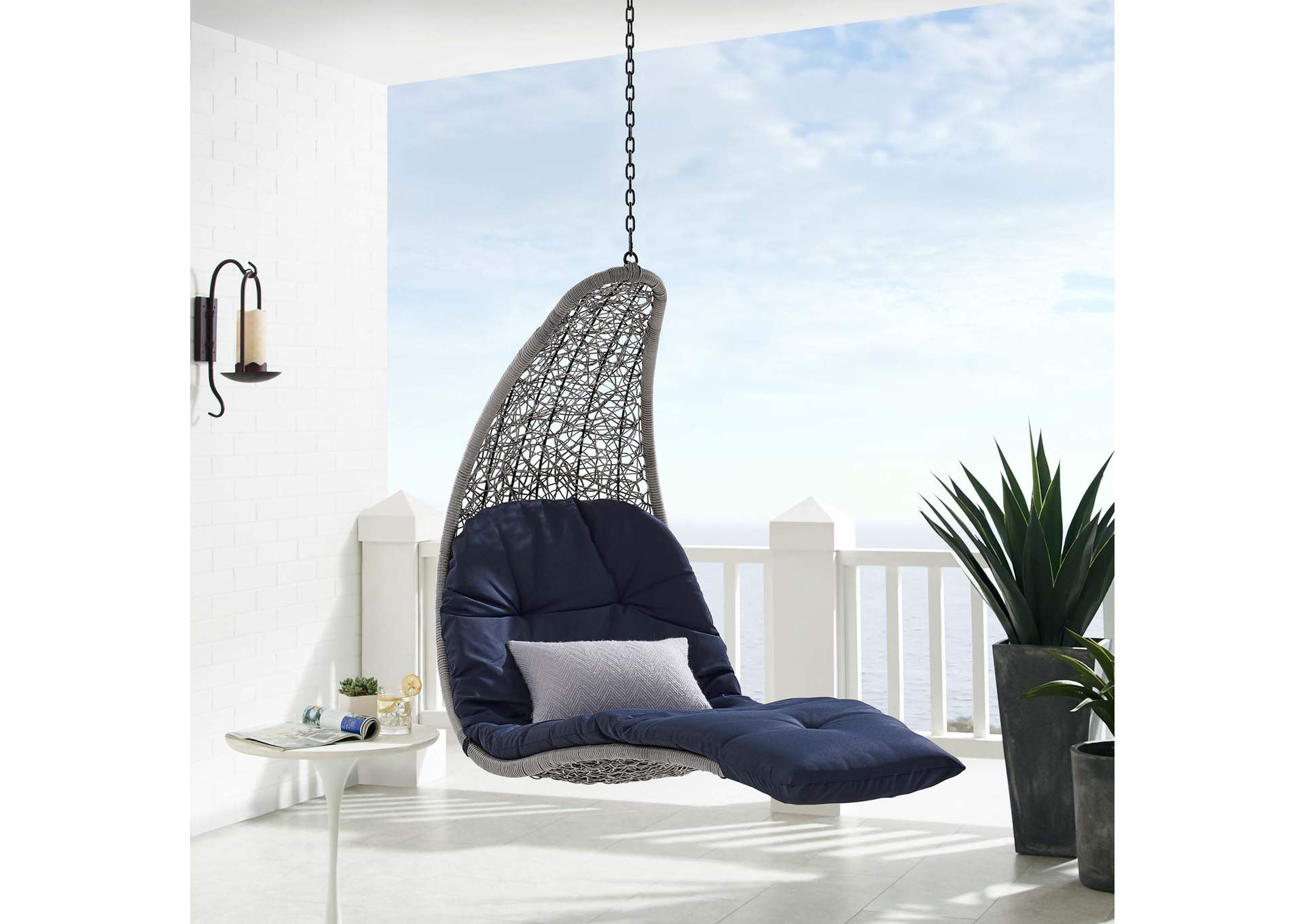 Light Gray Navy Landscape Outdoor Patio Hanging Chaise Lounge Outdoor Patio Swing Chair,Modway