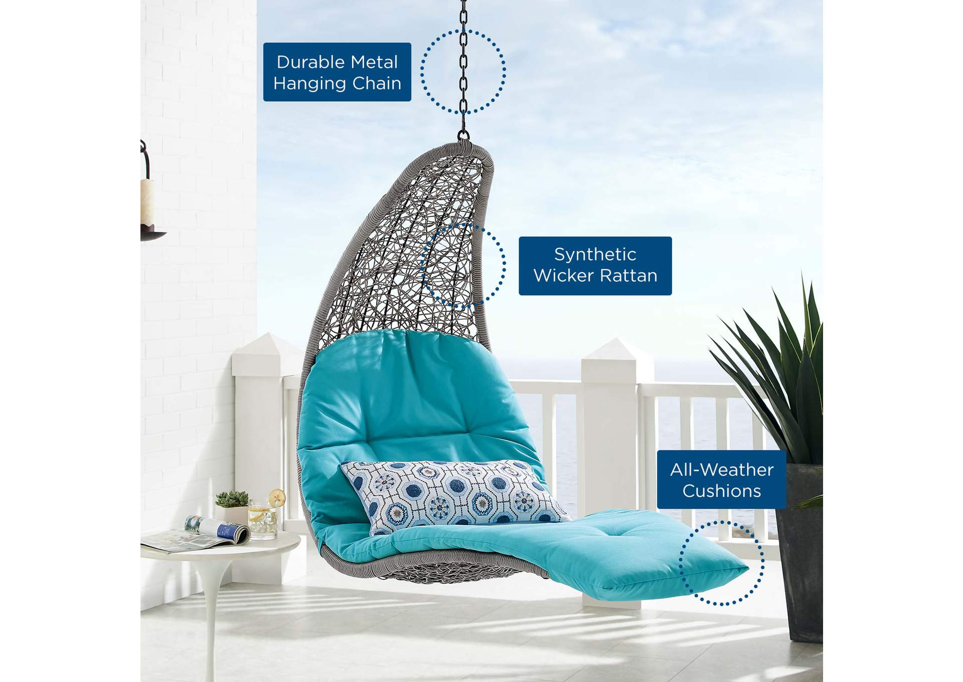 Light Gray Turquoise Landscape Outdoor Patio Hanging Chaise Lounge Outdoor Patio Swing Chair,Modway