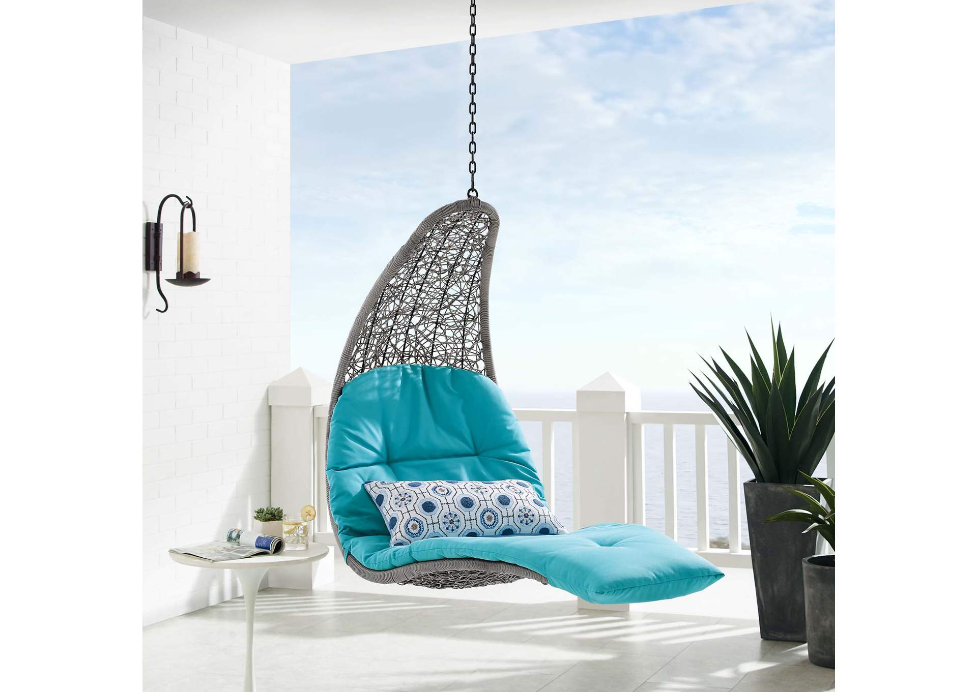 Light Gray Turquoise Landscape Outdoor Patio Hanging Chaise Lounge Outdoor Patio Swing Chair,Modway