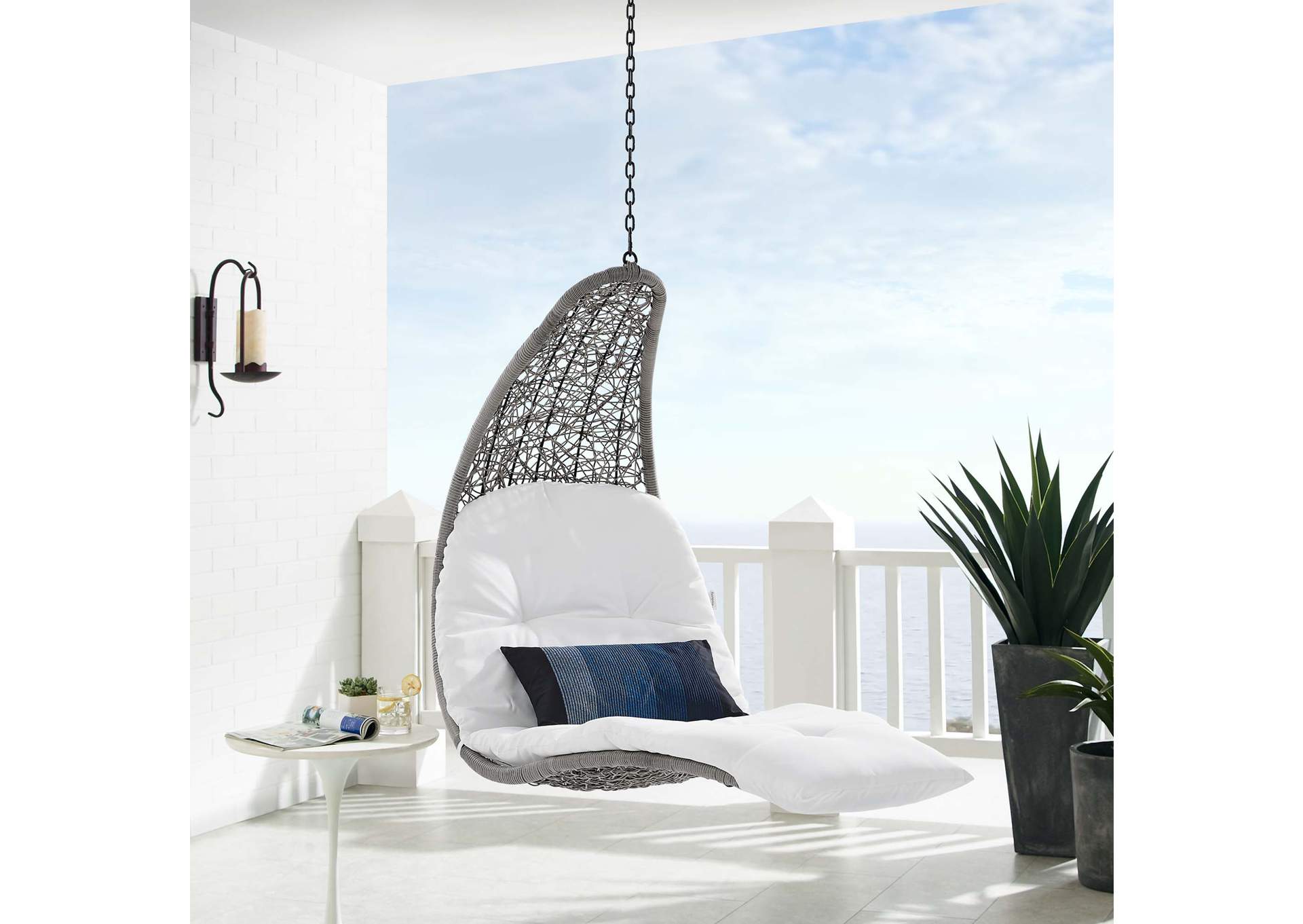 Light Gray White Landscape Outdoor Patio Hanging Chaise Lounge Outdoor Patio Swing Chair,Modway