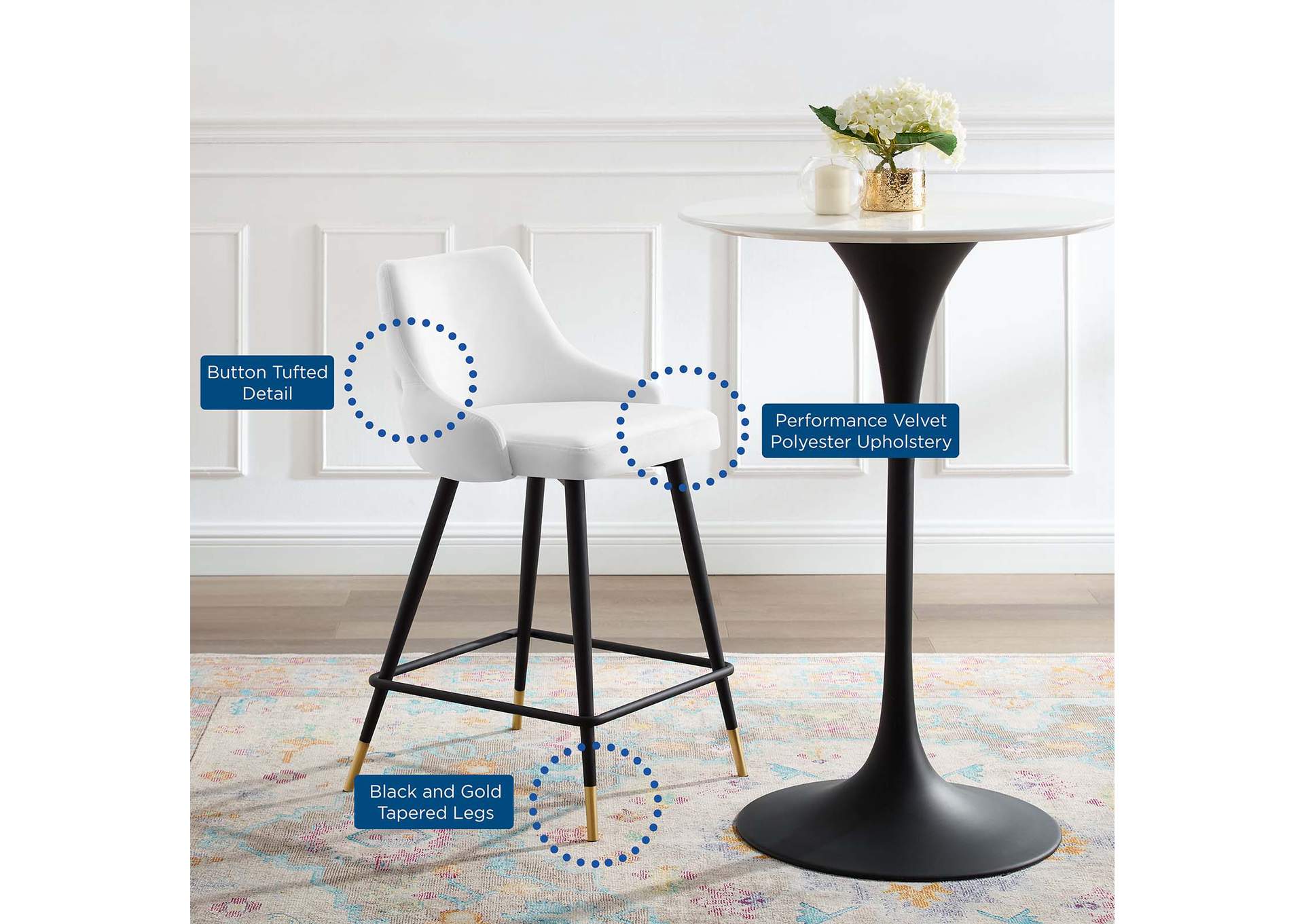 White Adorn Performance Velvet Counter Stool [Set of 2],Modway