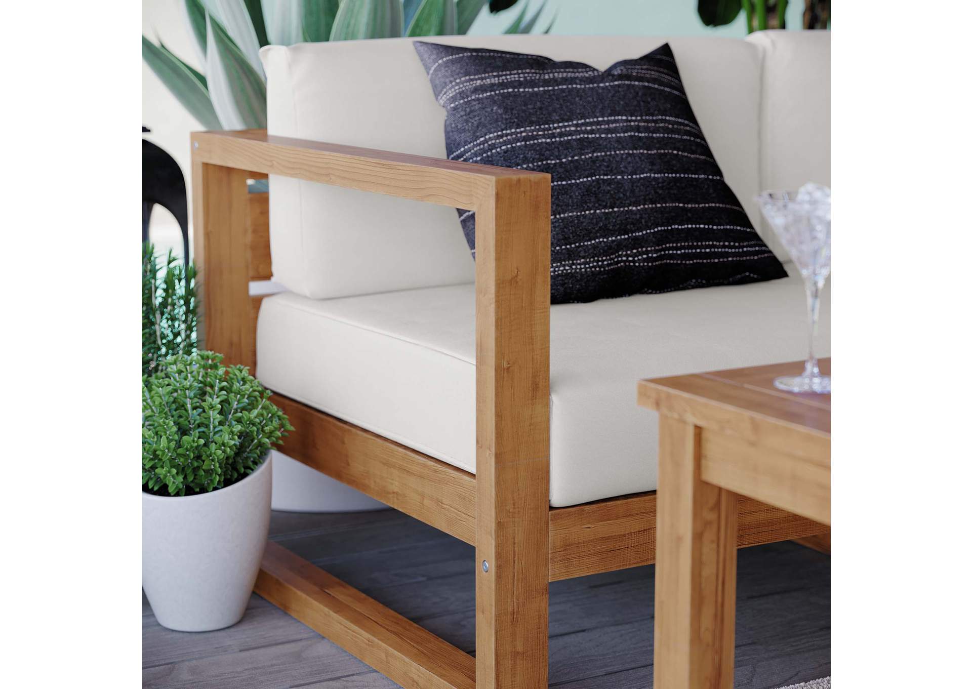 Natural White Upland Outdoor Patio Teak Wood 5-Piece Sectional Sofa Set,Modway