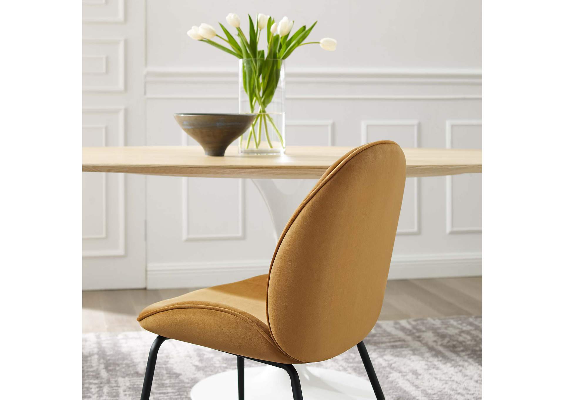 Cognac Scoop Black Powder Coated Steel Leg Performance Velvet Dining Chairs - [Set of 2],Modway