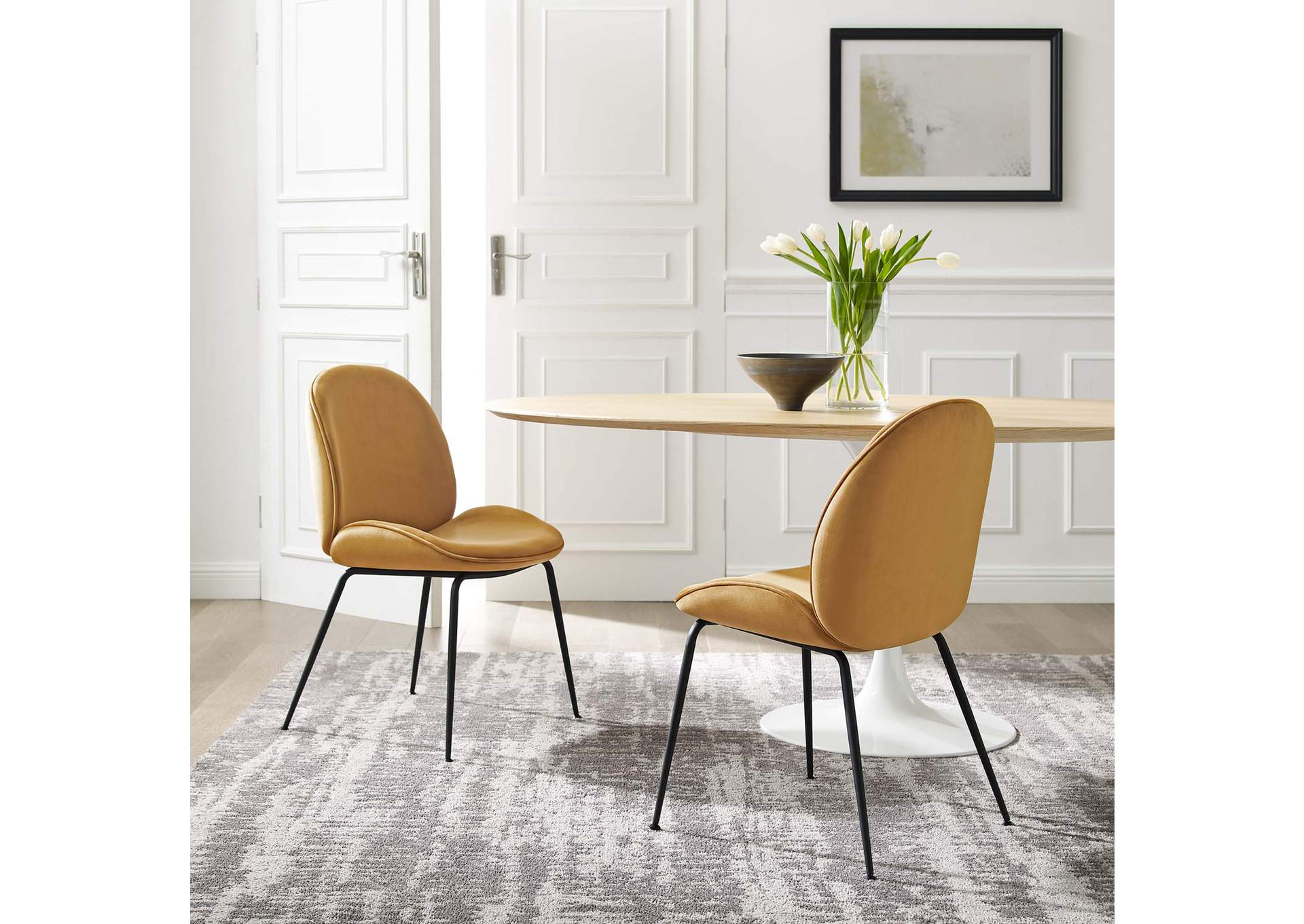 Cognac Scoop Black Powder Coated Steel Leg Performance Velvet Dining Chairs - [Set of 2],Modway