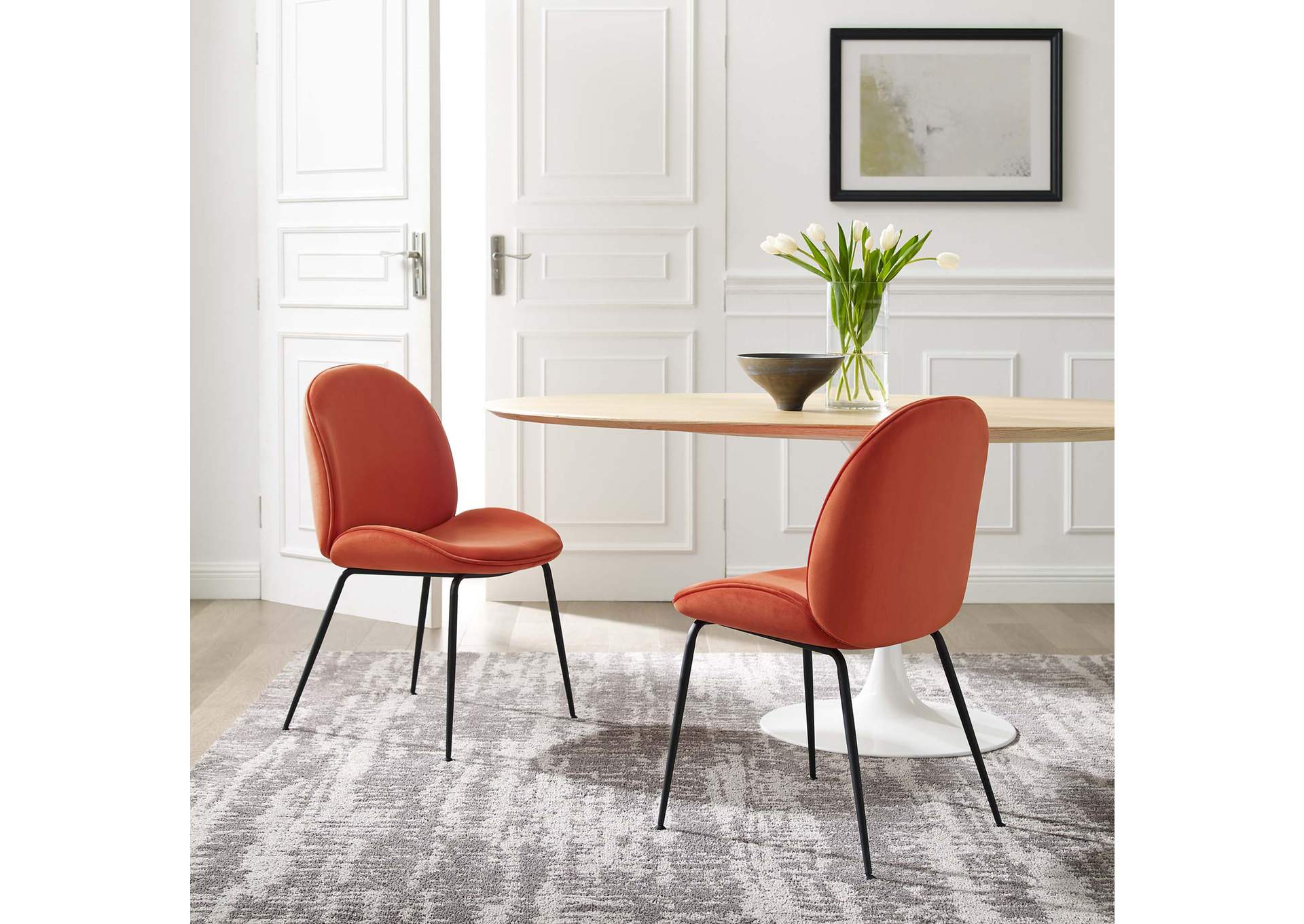 Orange Scoop Black Powder Coated Steel Leg Performance Velvet Dining Chairs - [Set of 2],Modway