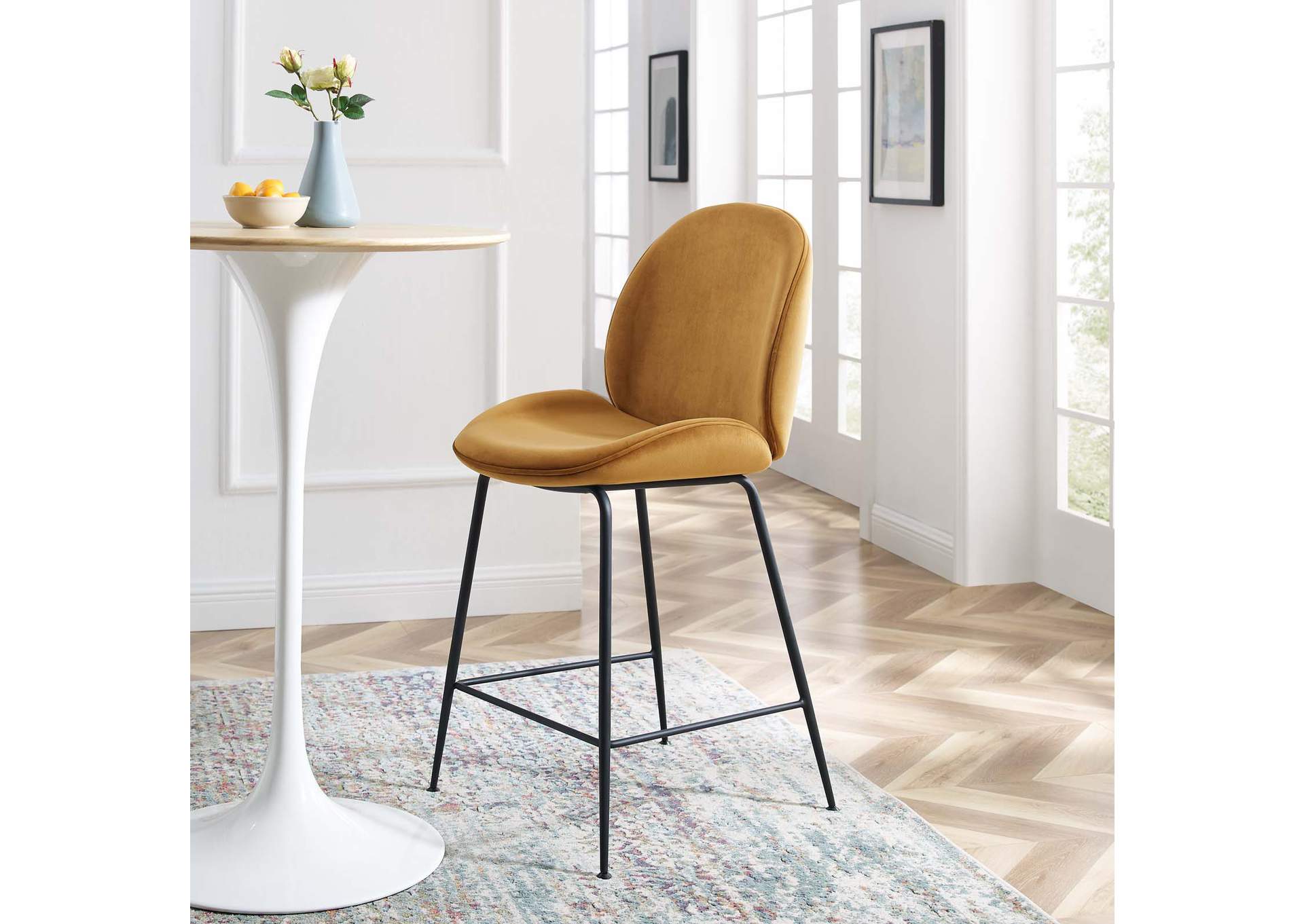 Cognac Scoop Black Powder Coated Steel Leg Performance Velvet Counter Stool,Modway