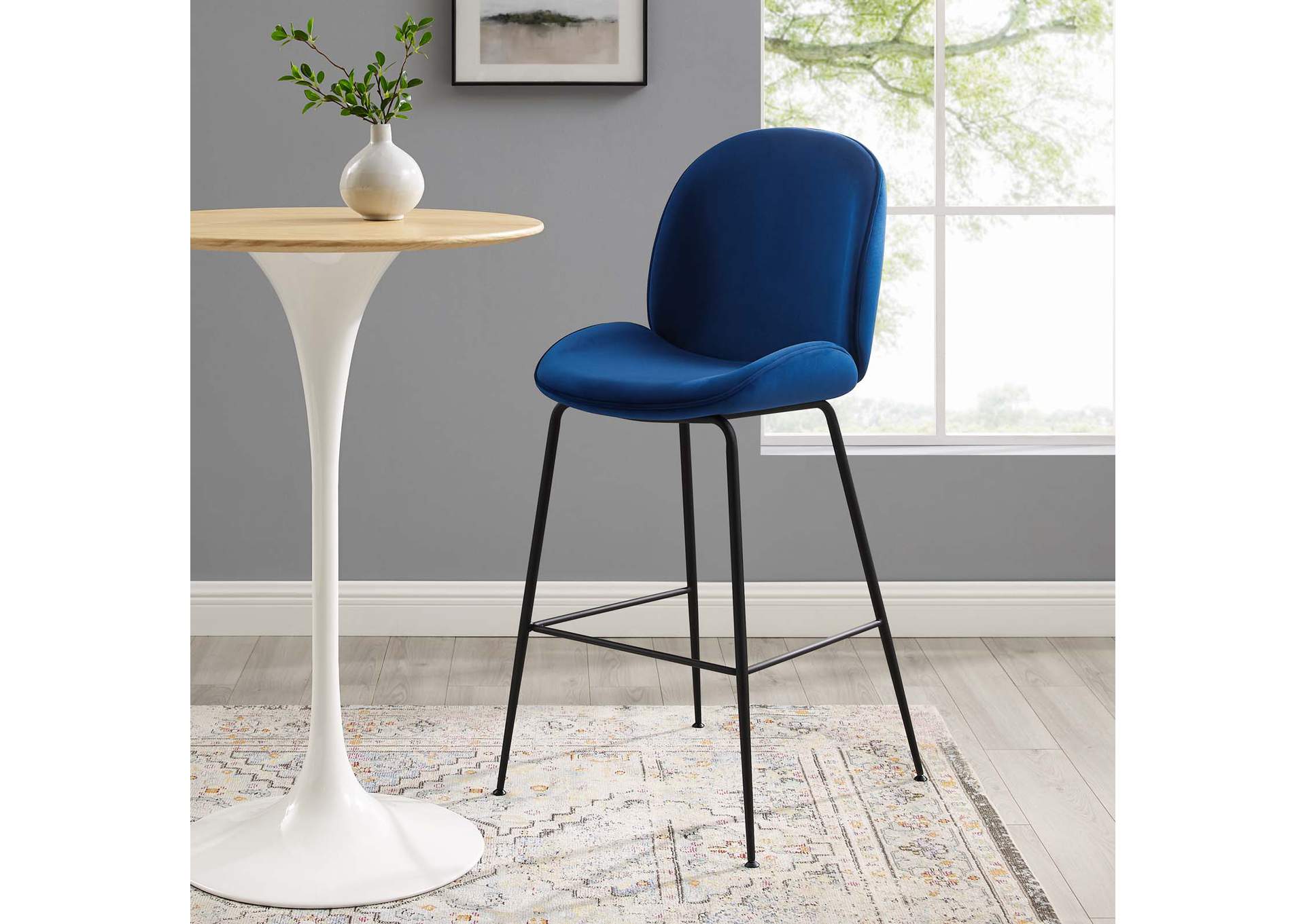 Navy Scoop Black Powder Coated Steel Leg Performance Velvet Bar Stool,Modway