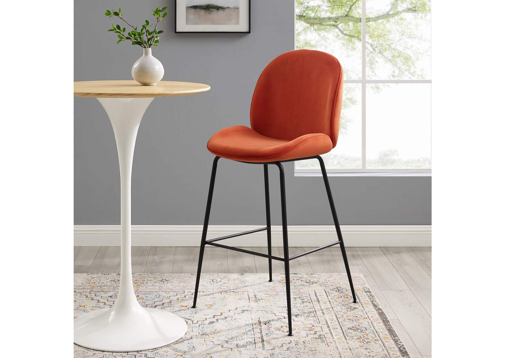 Orange Scoop Black Powder Coated Steel Leg Performance Velvet Bar Stool,Modway