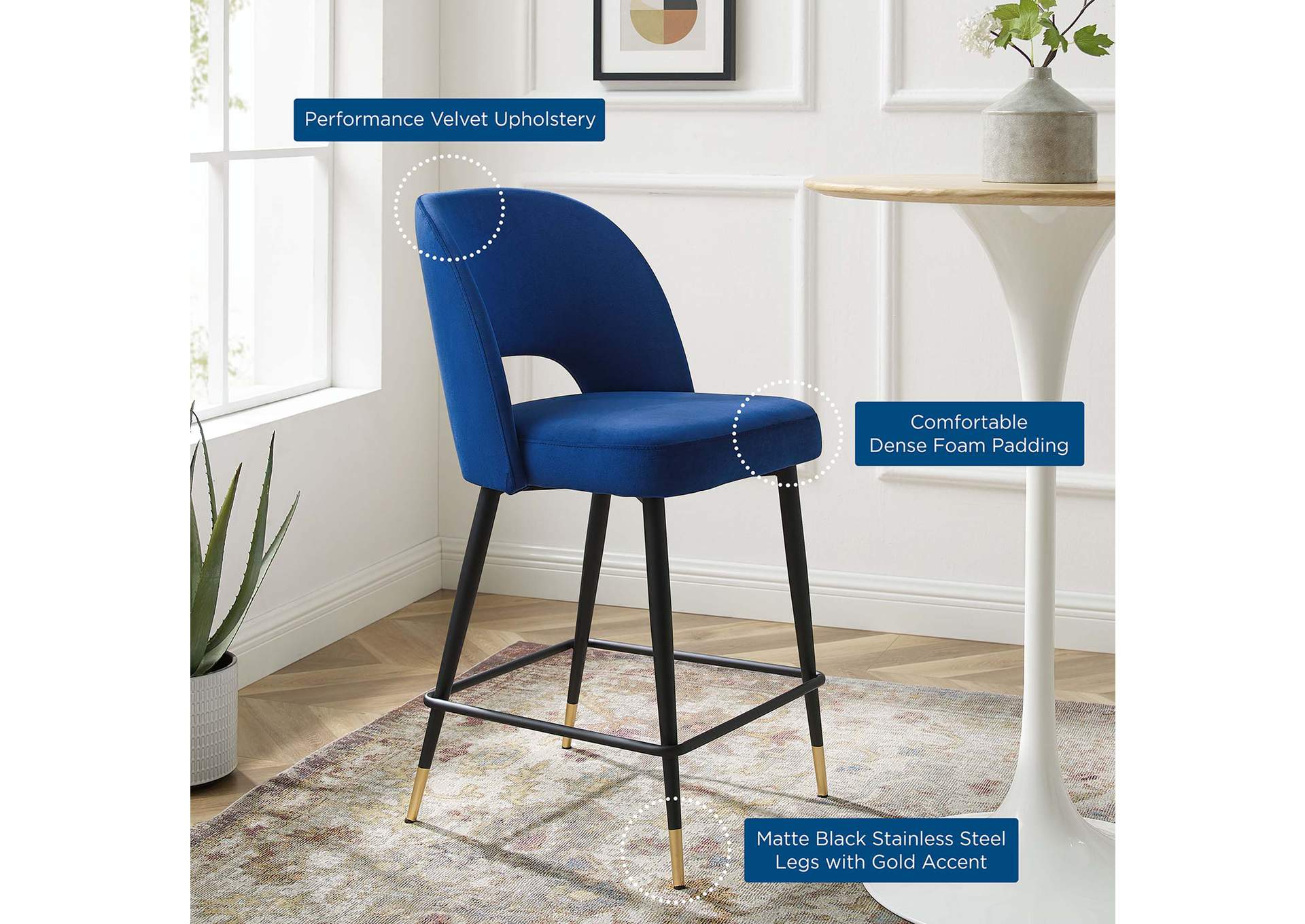 Navy Rouse Performance Velvet Counter Stool,Modway