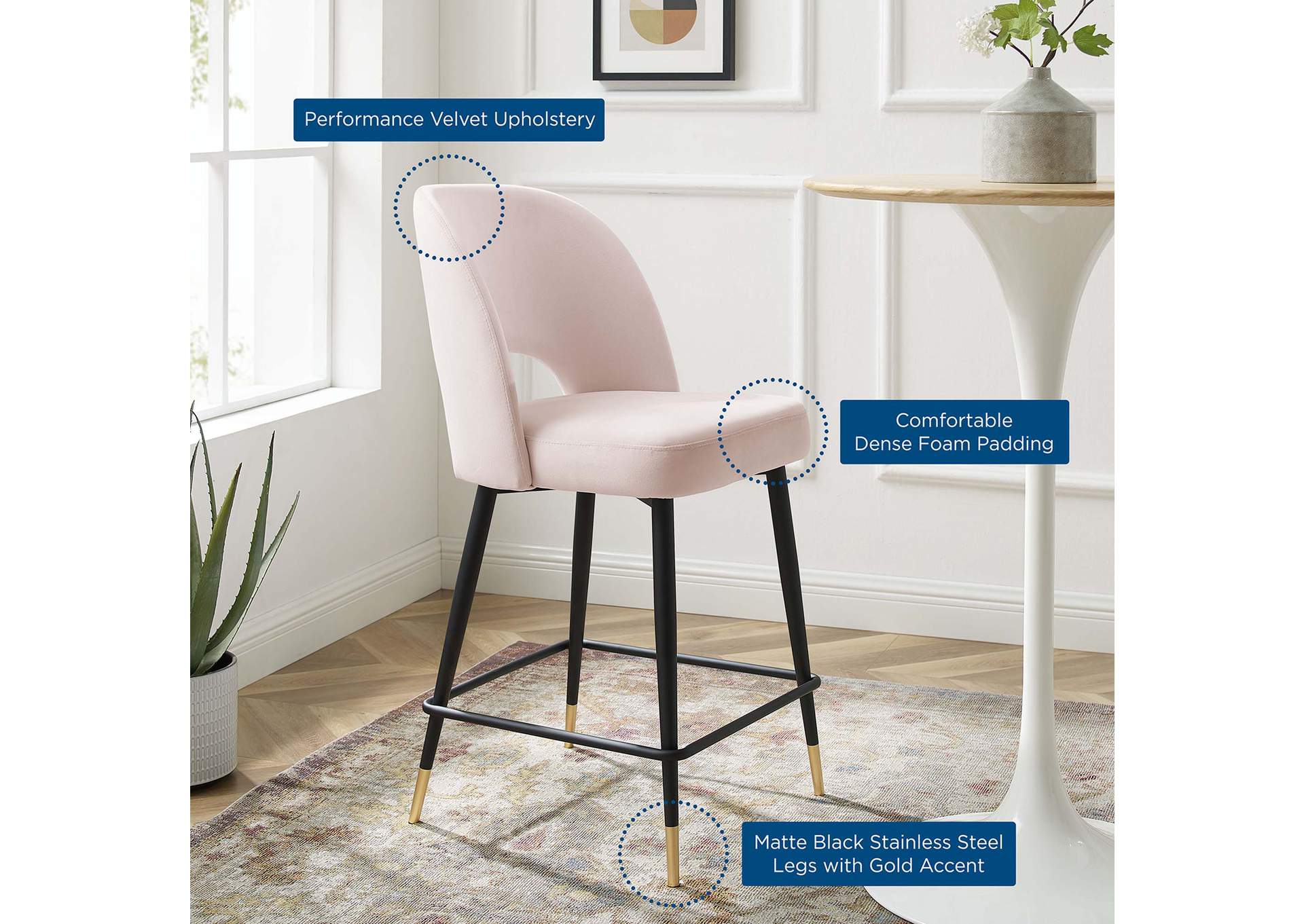 Pink Rouse Performance Velvet Counter Stool,Modway