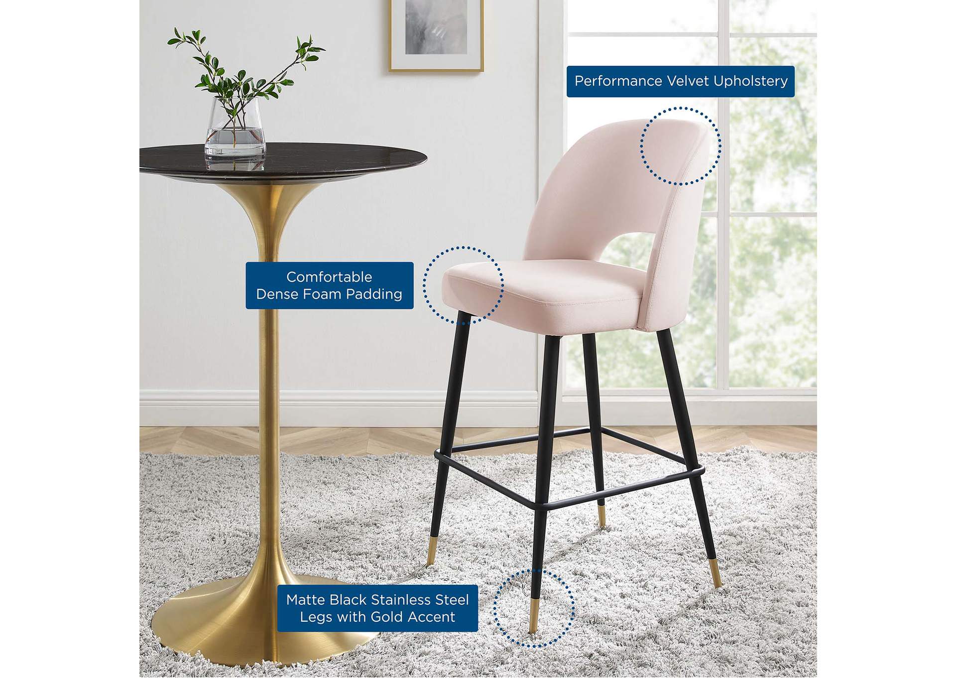 Pink Rouse Performance Velvet Bar Stool,Modway