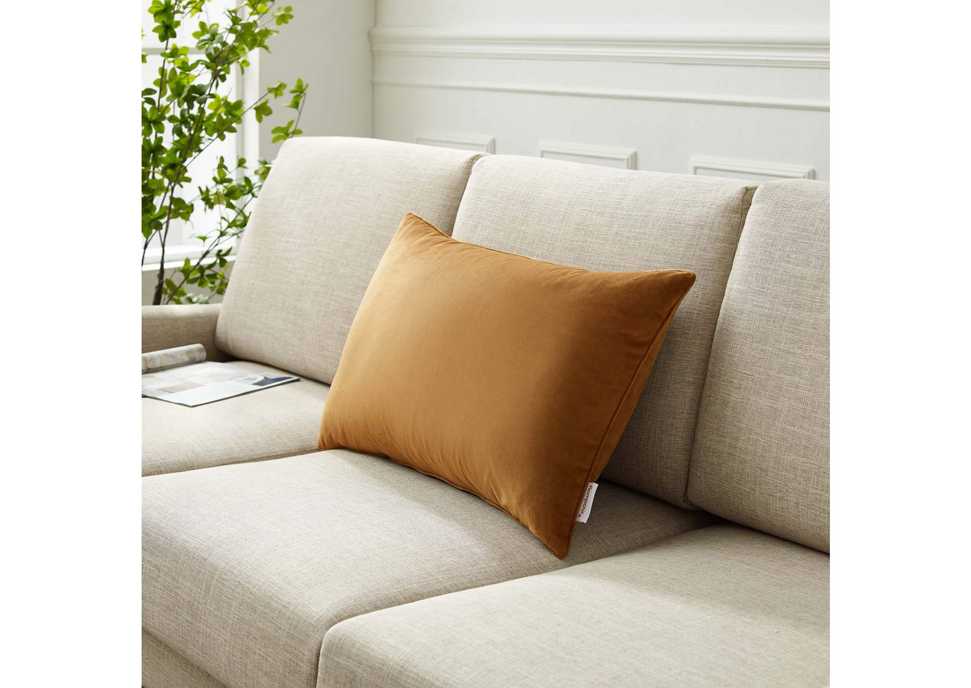 Cognac Enhance 24" Lumbar Performance Velvet Throw Pillow,Modway