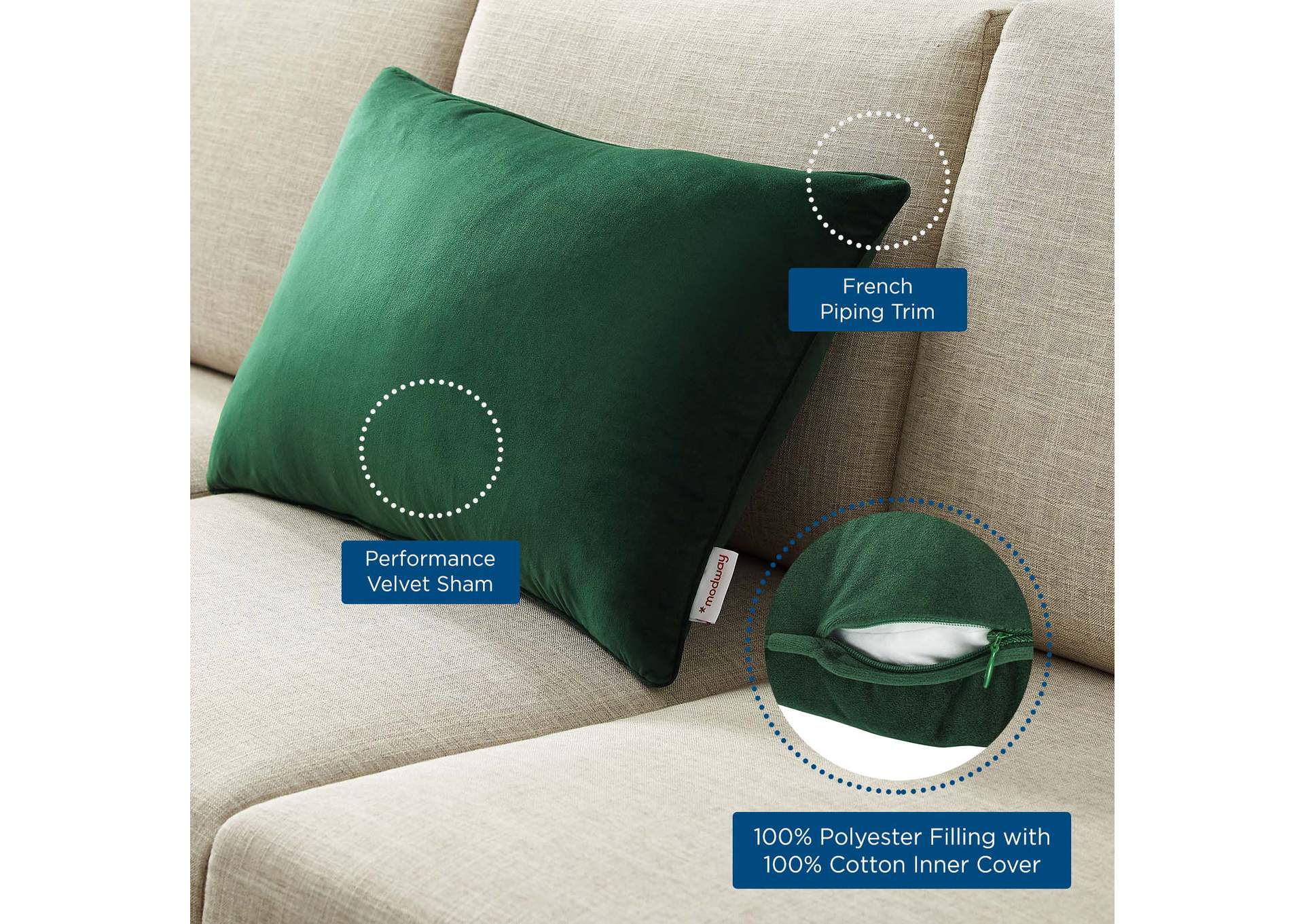 Green Enhance 24" Lumbar Performance Velvet Throw Pillow,Modway