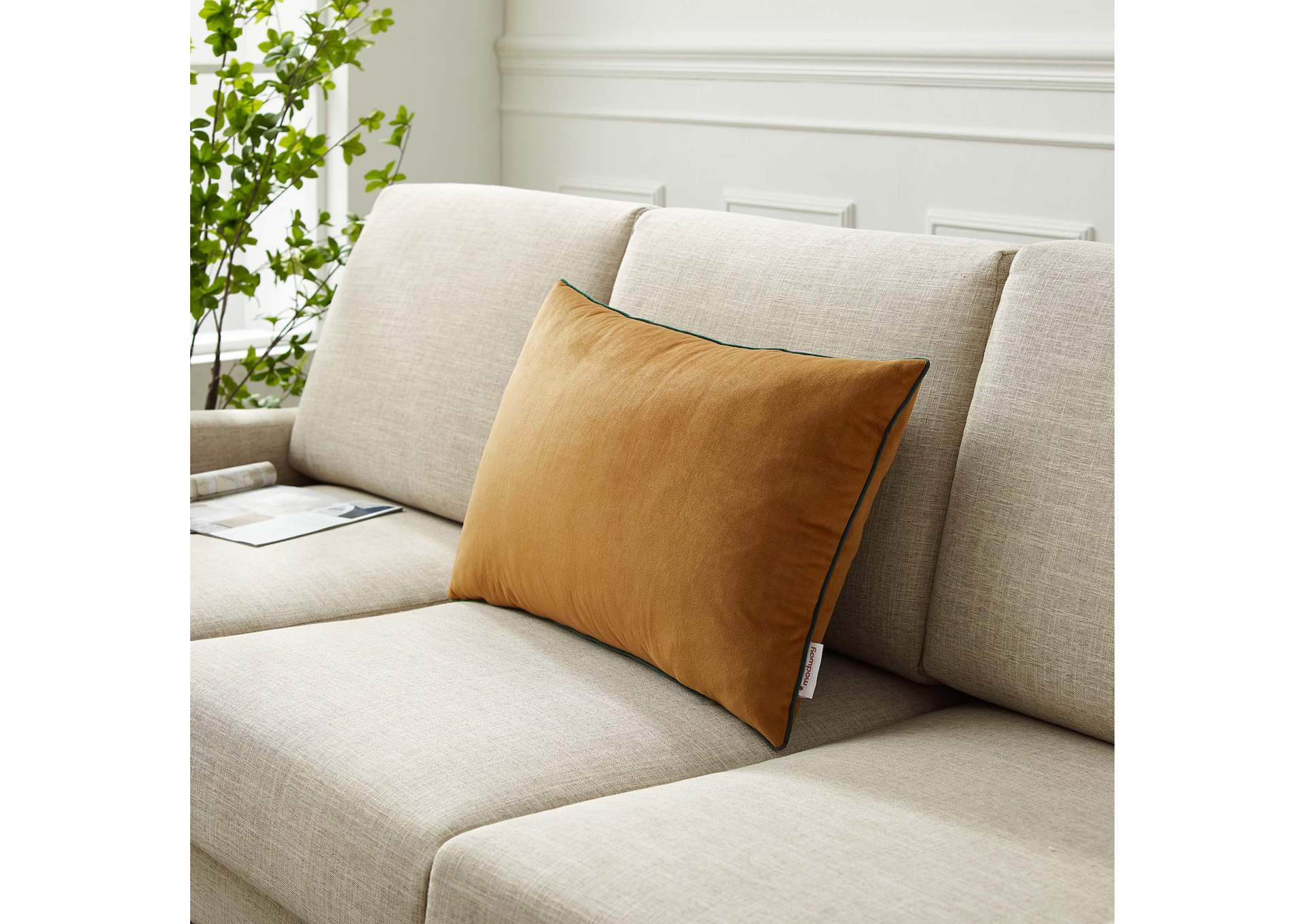 Cognac Green Accentuate 24" Lumbar Performance Velvet Throw Pillow,Modway