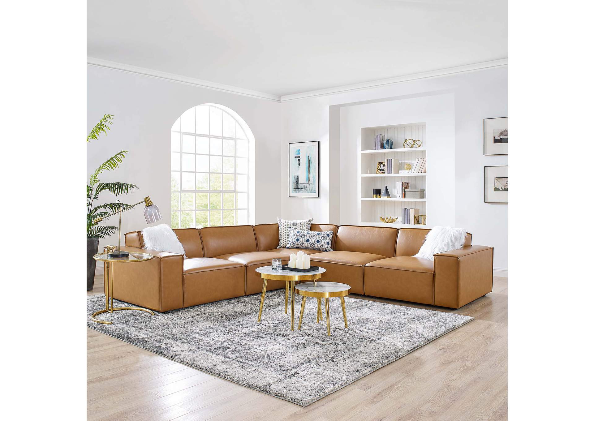 Tan Restore 5-Piece Vegan Leather Sectional Sofa,Modway