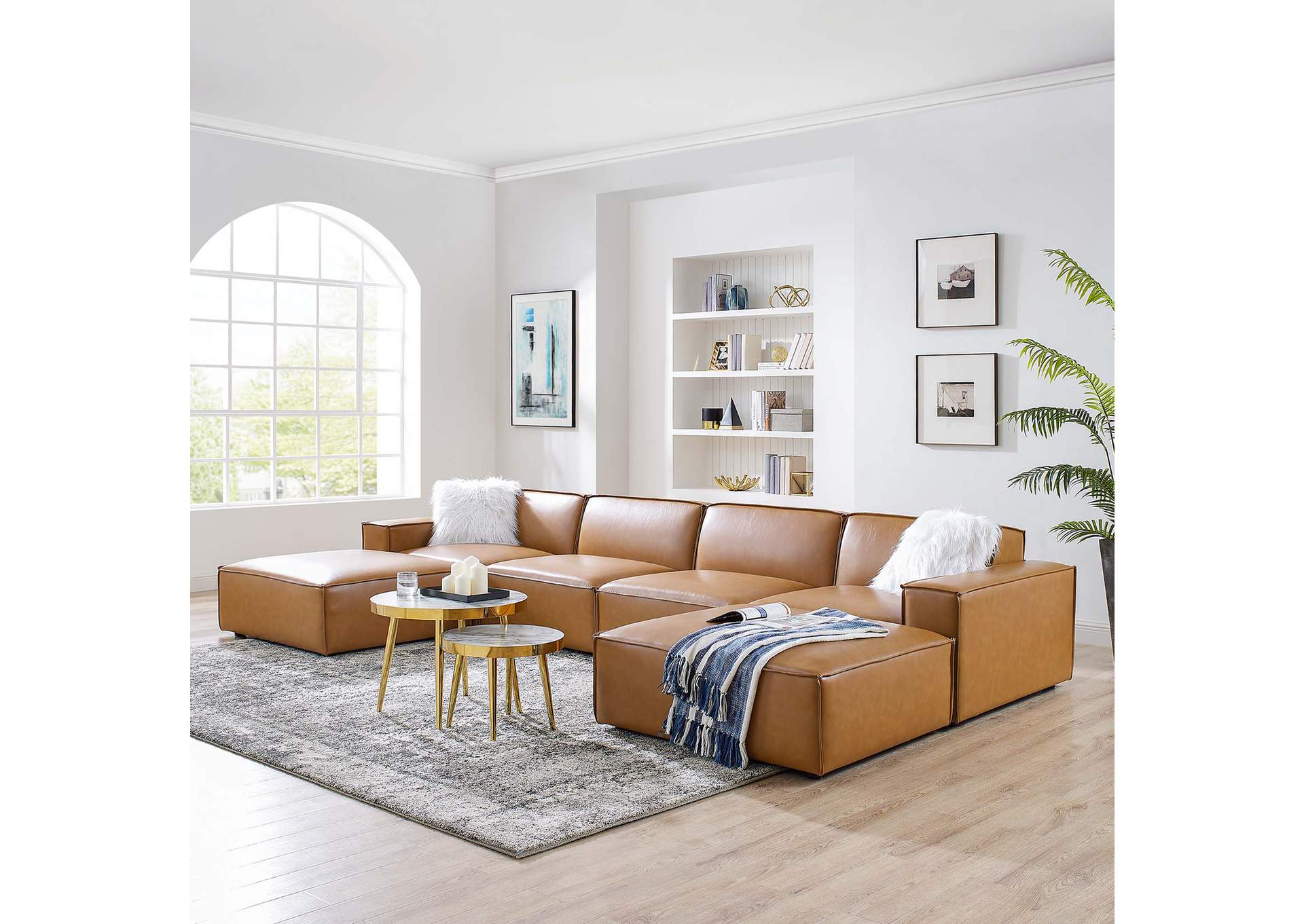 Tan Restore 6-Piece Vegan Leather Sectional Sofa,Modway