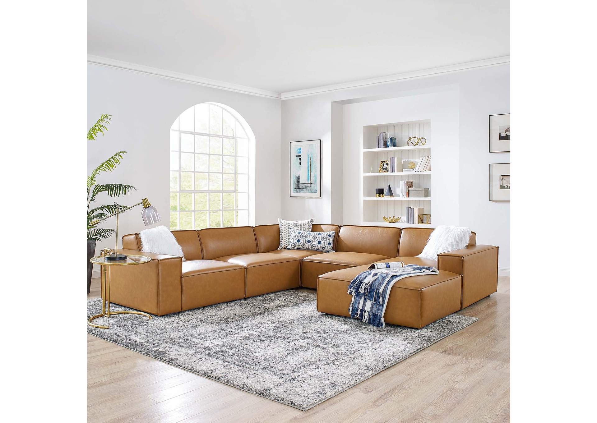Tan Restore 6-Piece Vegan Leather Sectional Sofa,Modway