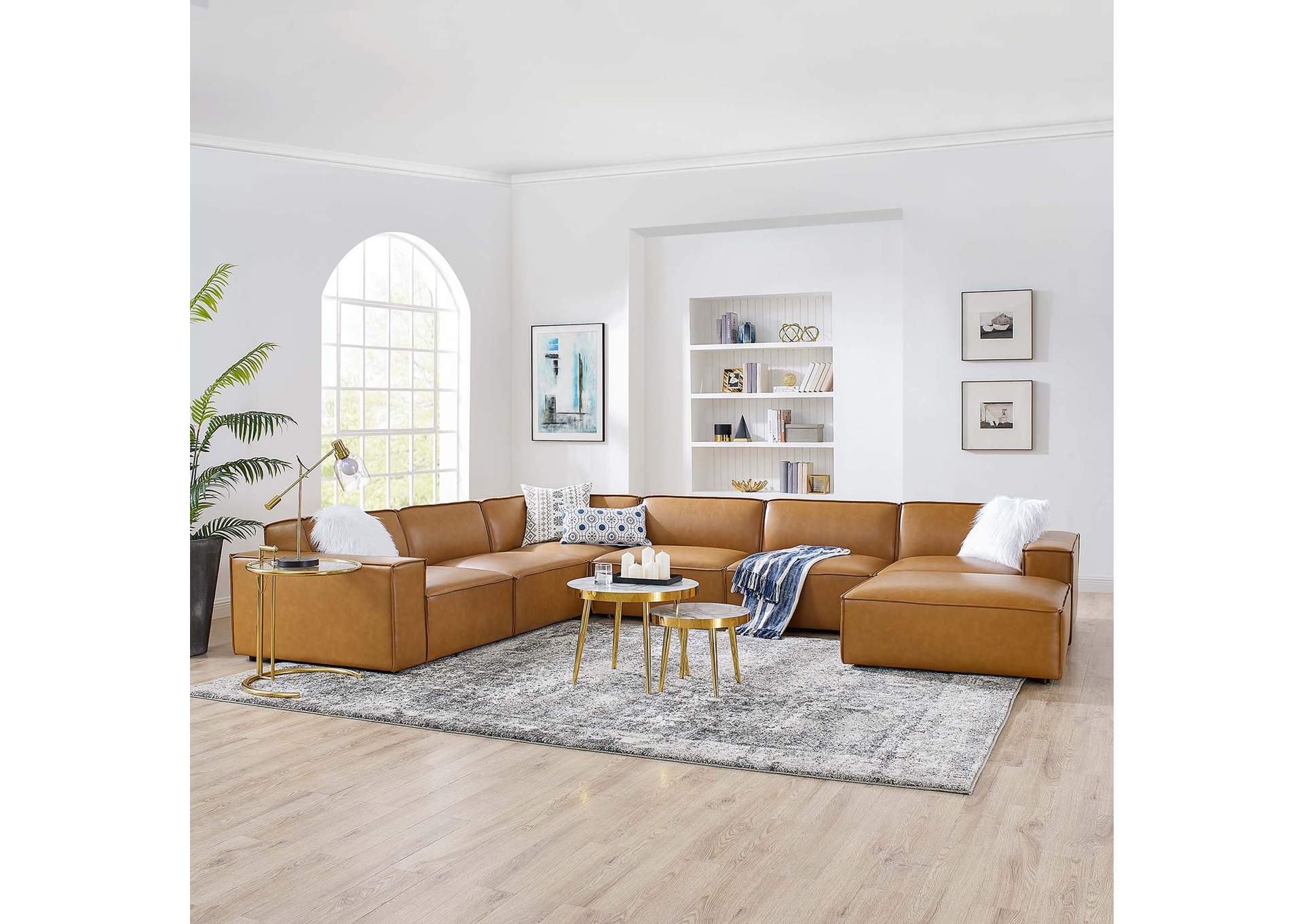 Tan Restore 7-Piece Vegan Leather Sectional Sofa,Modway