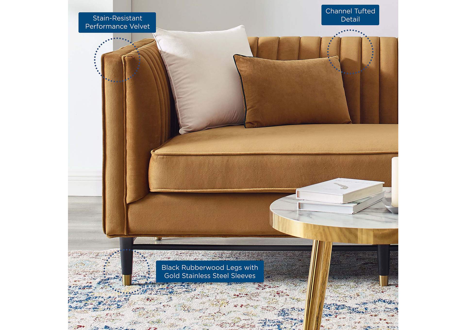 Cognac Devote Channel Tufted Performance Velvet Loveseat,Modway