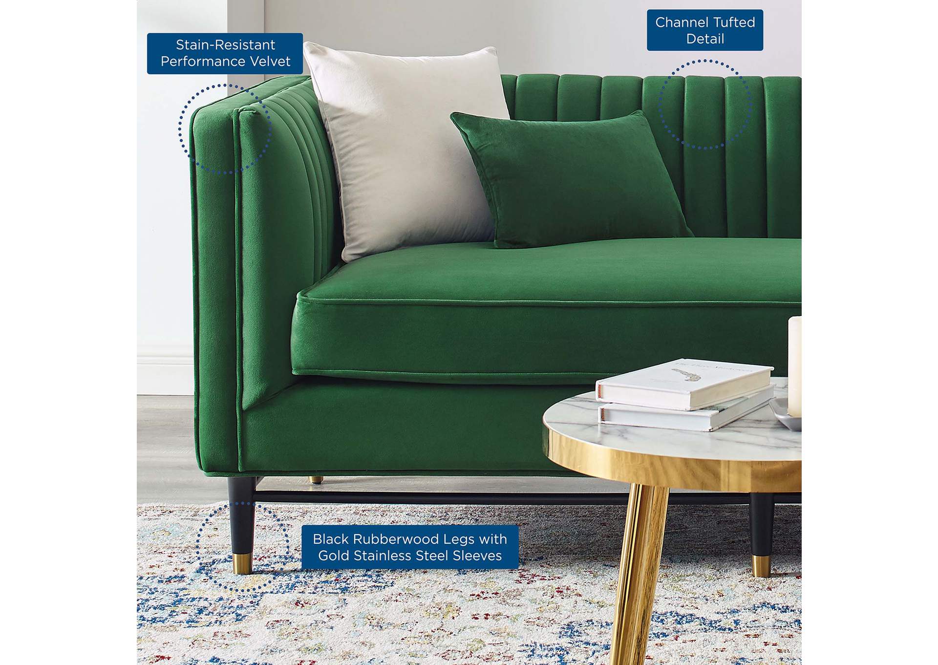 Emerald Devote Channel Tufted Performance Velvet Loveseat,Modway