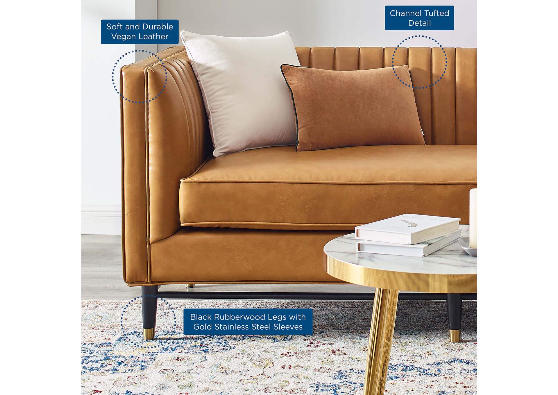 Tan Devote Channel Tufted Vegan Leather Loveseat,Modway