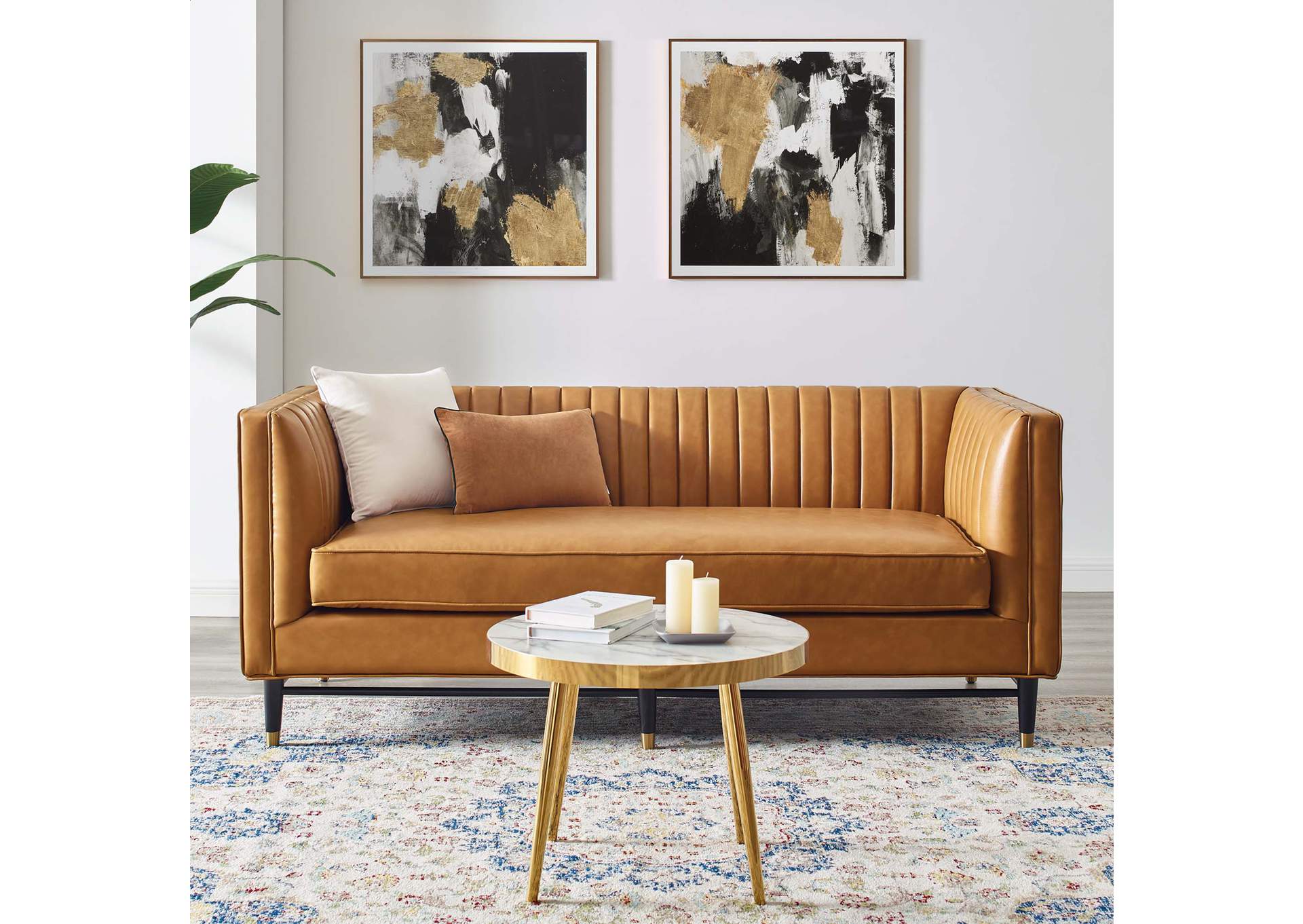 Tan Devote Channel Tufted Vegan Leather Loveseat,Modway