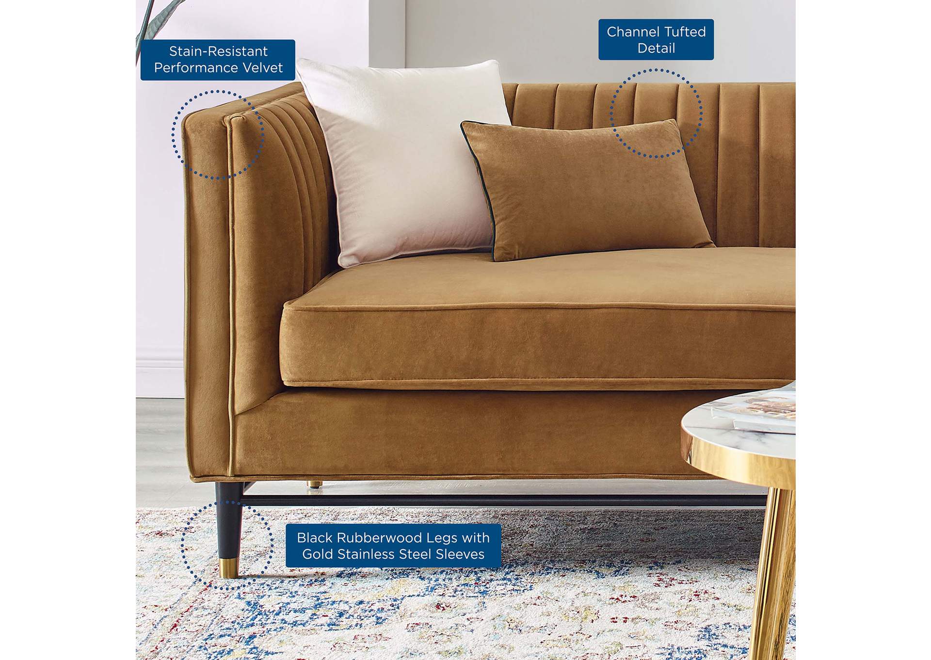 Cognac Devote Channel Tufted Performance Velvet Sofa,Modway