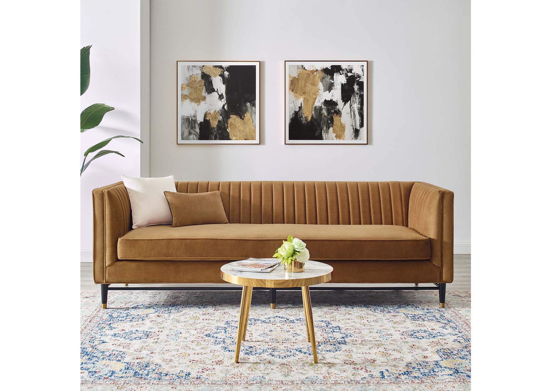 Cognac Devote Channel Tufted Performance Velvet Sofa,Modway