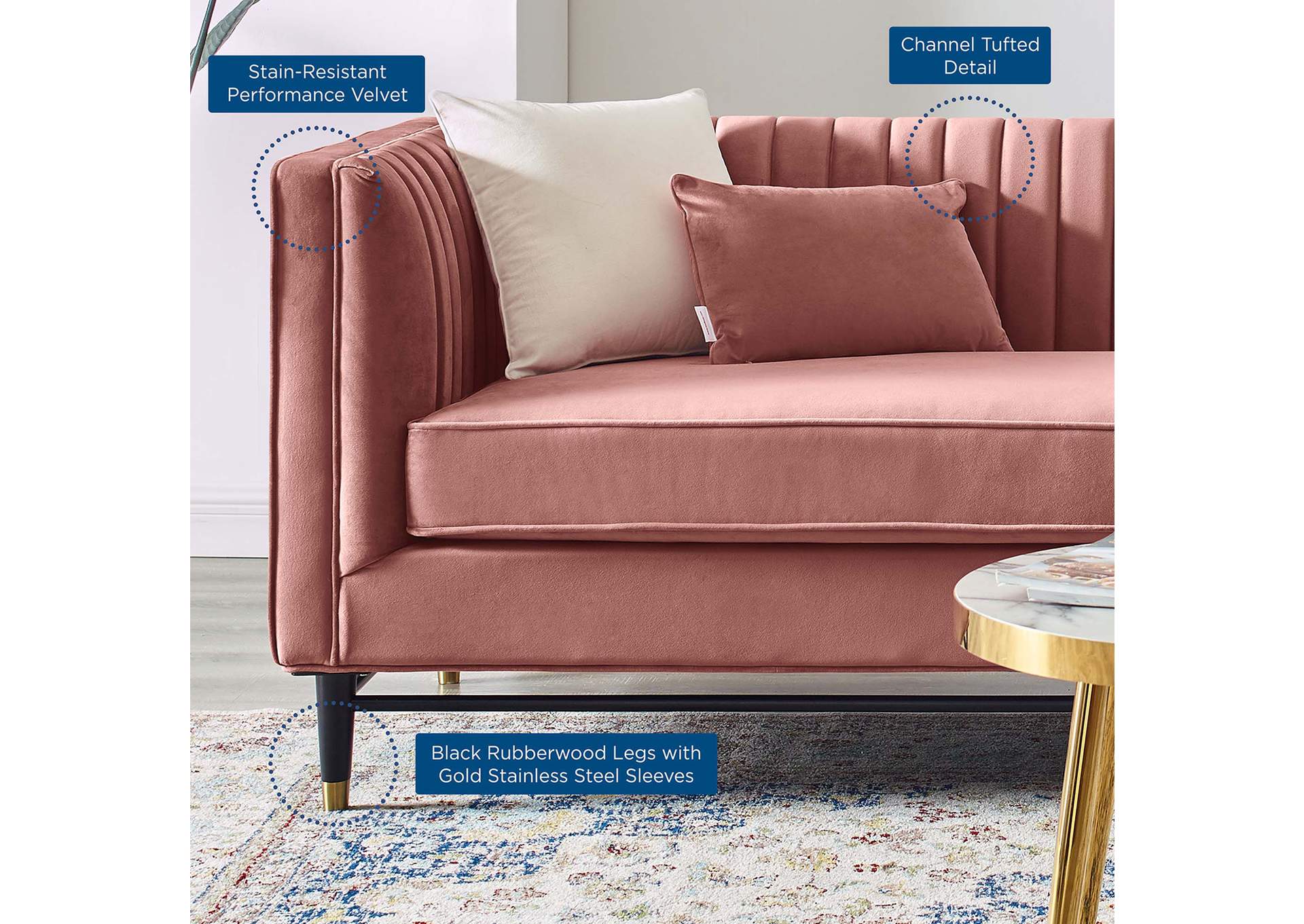 Dusty Rose Devote Channel Tufted Performance Velvet Sofa,Modway