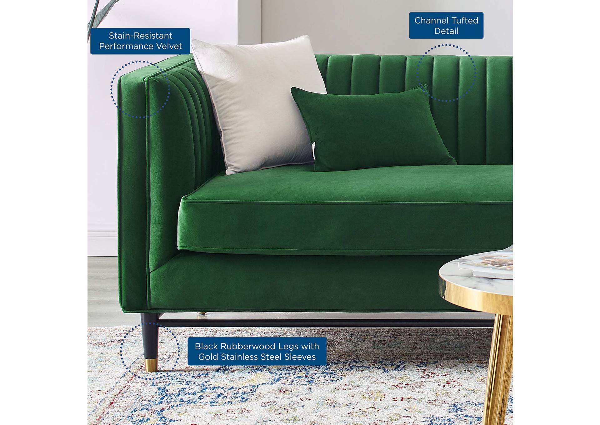 Emerald Devote Channel Tufted Performance Velvet Sofa,Modway