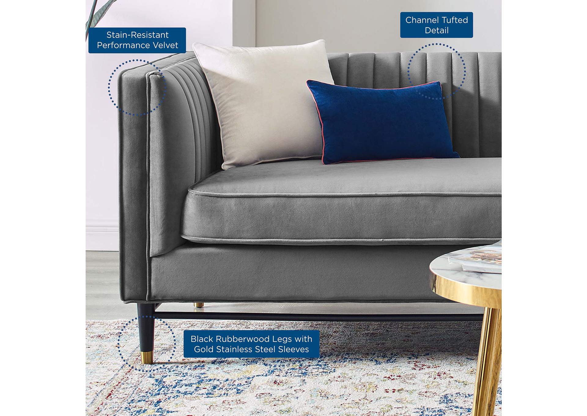Gray Devote Channel Tufted Performance Velvet Sofa,Modway