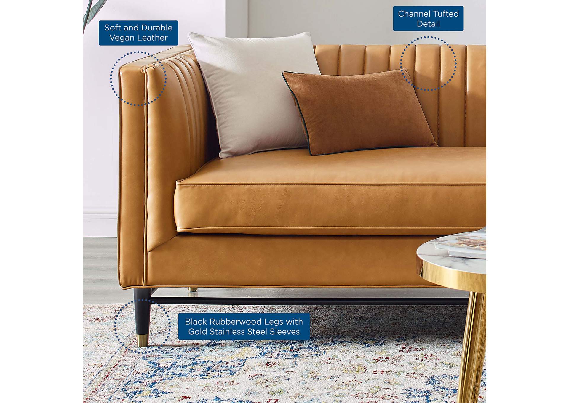 Tan Devote Channel Tufted Vegan Leather Sofa,Modway