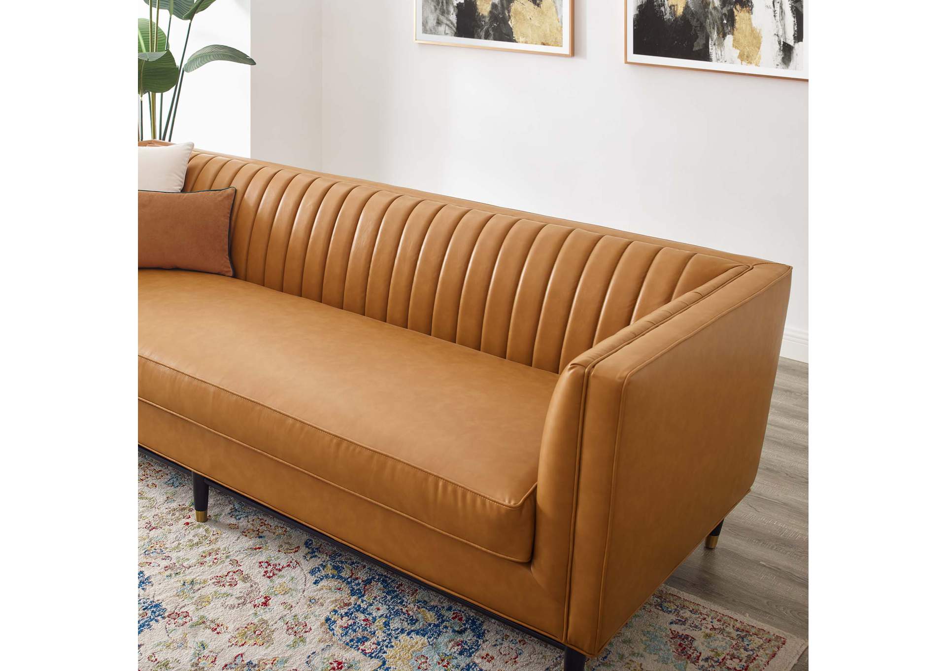 Tan Devote Channel Tufted Vegan Leather Sofa,Modway