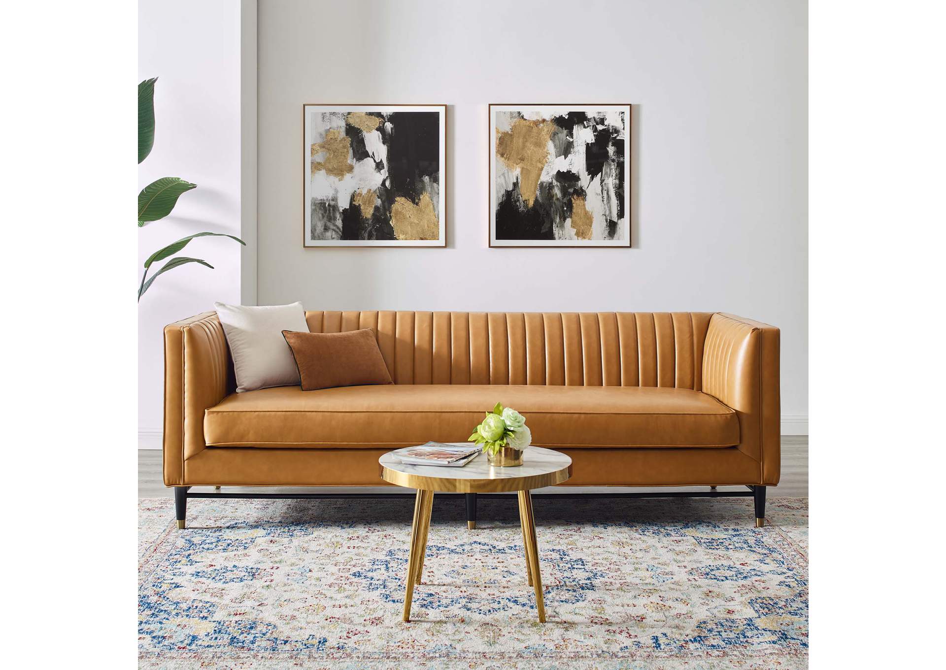 Tan Devote Channel Tufted Vegan Leather Sofa,Modway