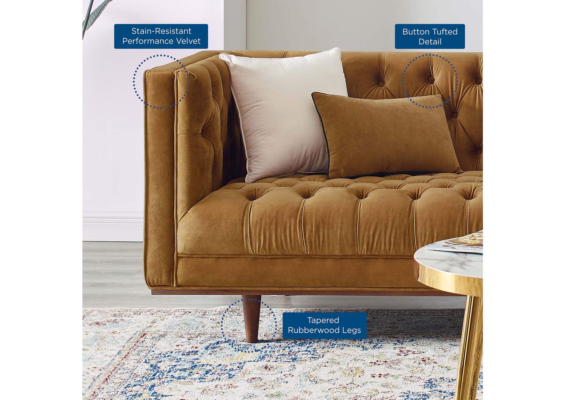 Cognac Elation Tufted Performance Velvet Sofa,Modway