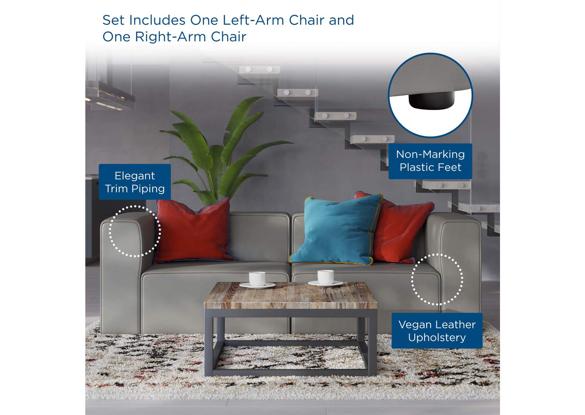 Gray Mingle Vegan Leather 2-Piece Sectional Sofa Loveseat,Modway