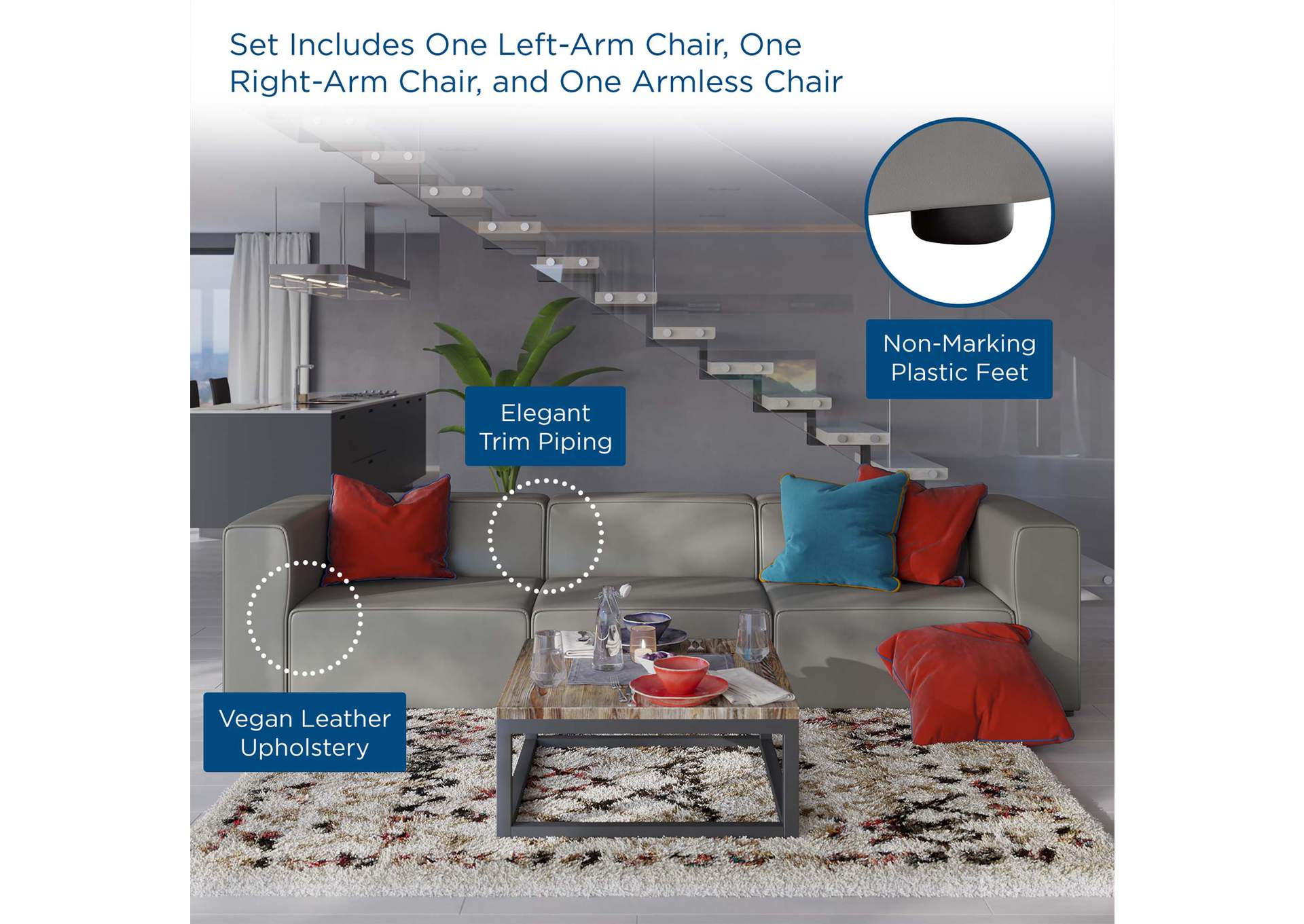 Gray Mingle Vegan Leather 3-Piece Sectional Sofa,Modway