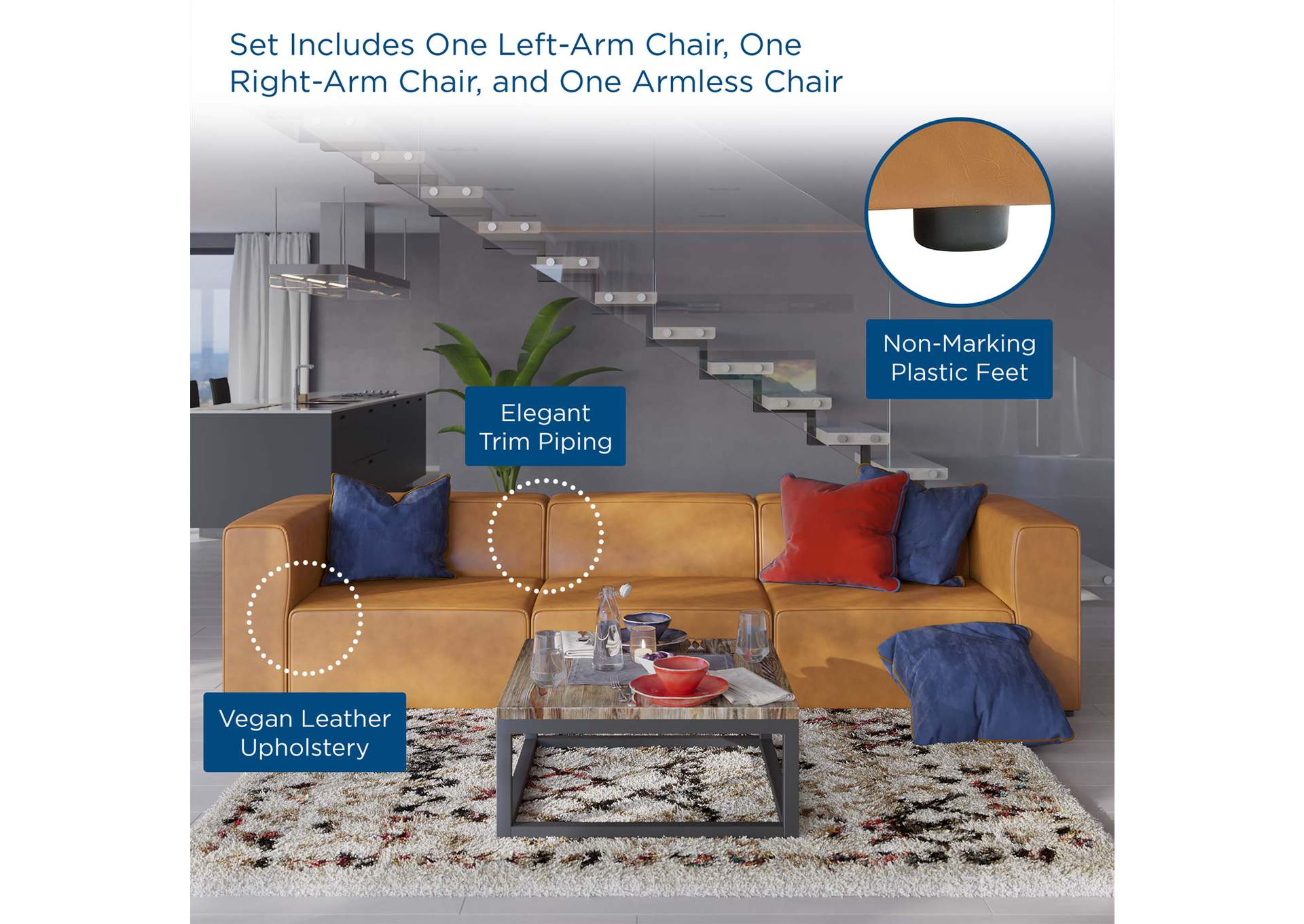 Tan Mingle Vegan Leather 3-Piece Sectional Sofa,Modway