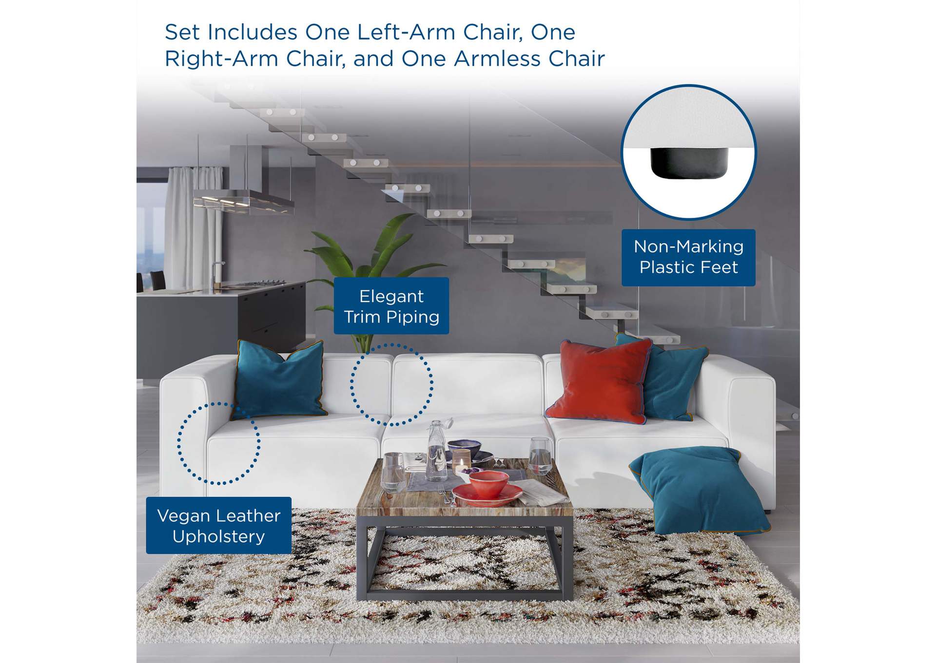 White Mingle Vegan Leather 3-Piece Sectional Sofa,Modway