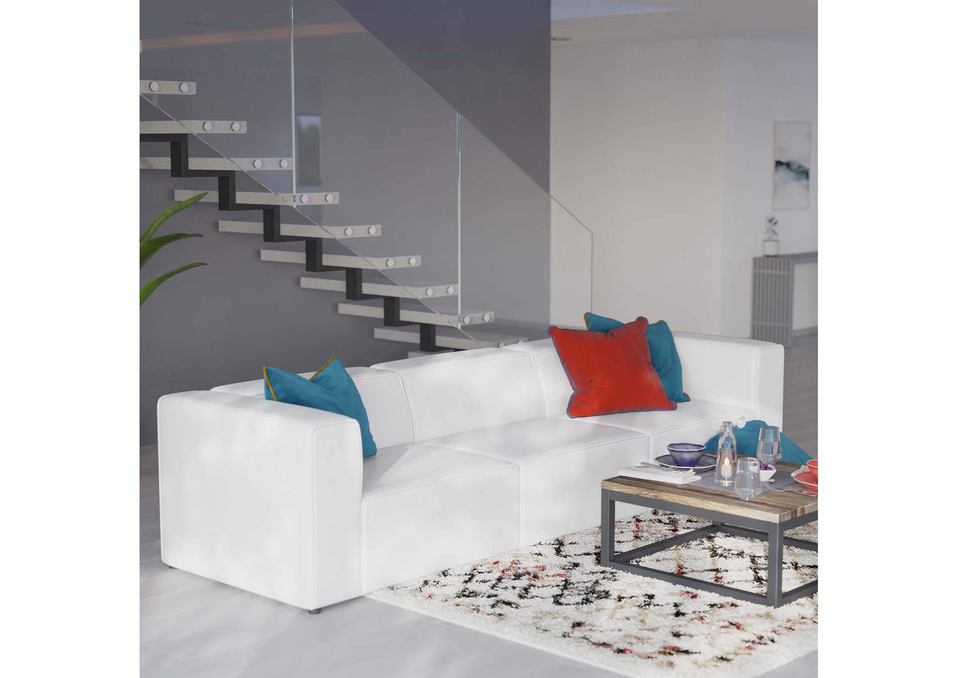 White Mingle Vegan Leather 3-Piece Sectional Sofa,Modway