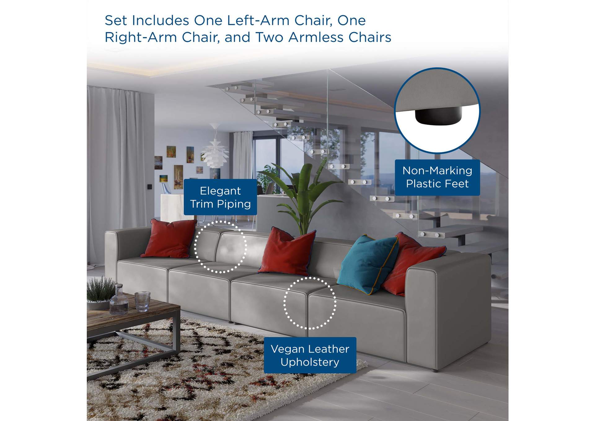 Gray Mingle Vegan Leather 4-Piece Sectional Sofa,Modway