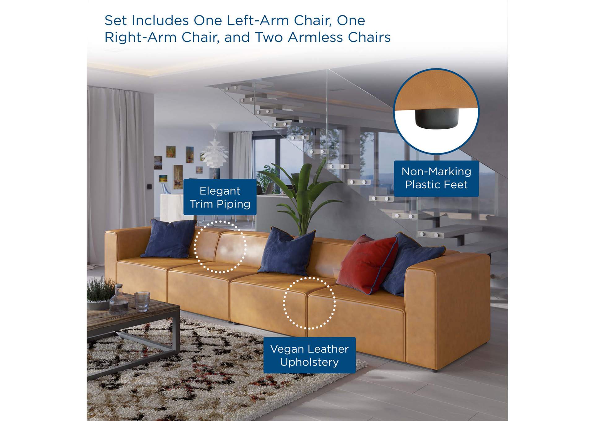 Tan Mingle Vegan Leather 4-Piece Sectional Sofa,Modway