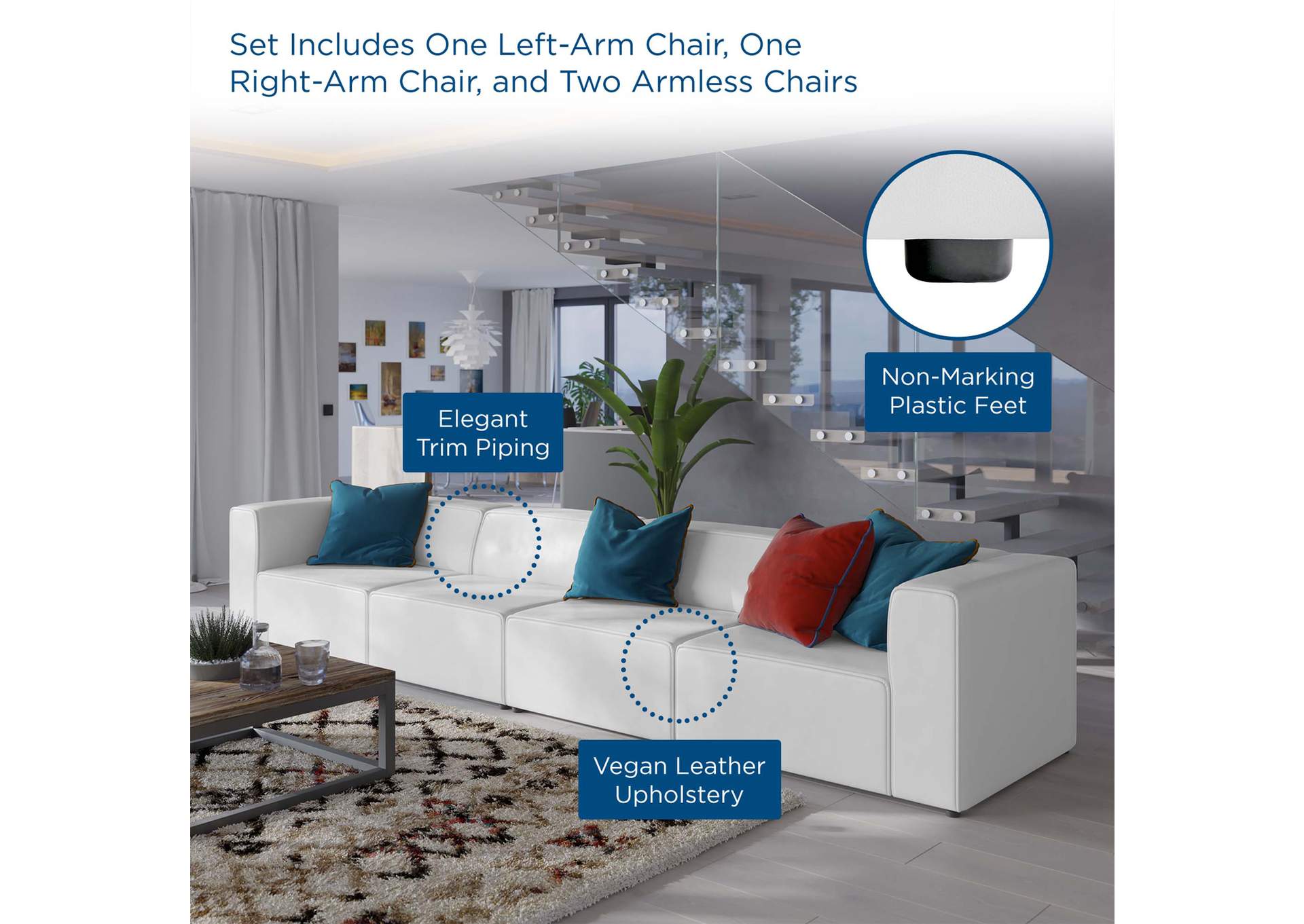 White Mingle Vegan Leather 4-Piece Sectional Sofa,Modway