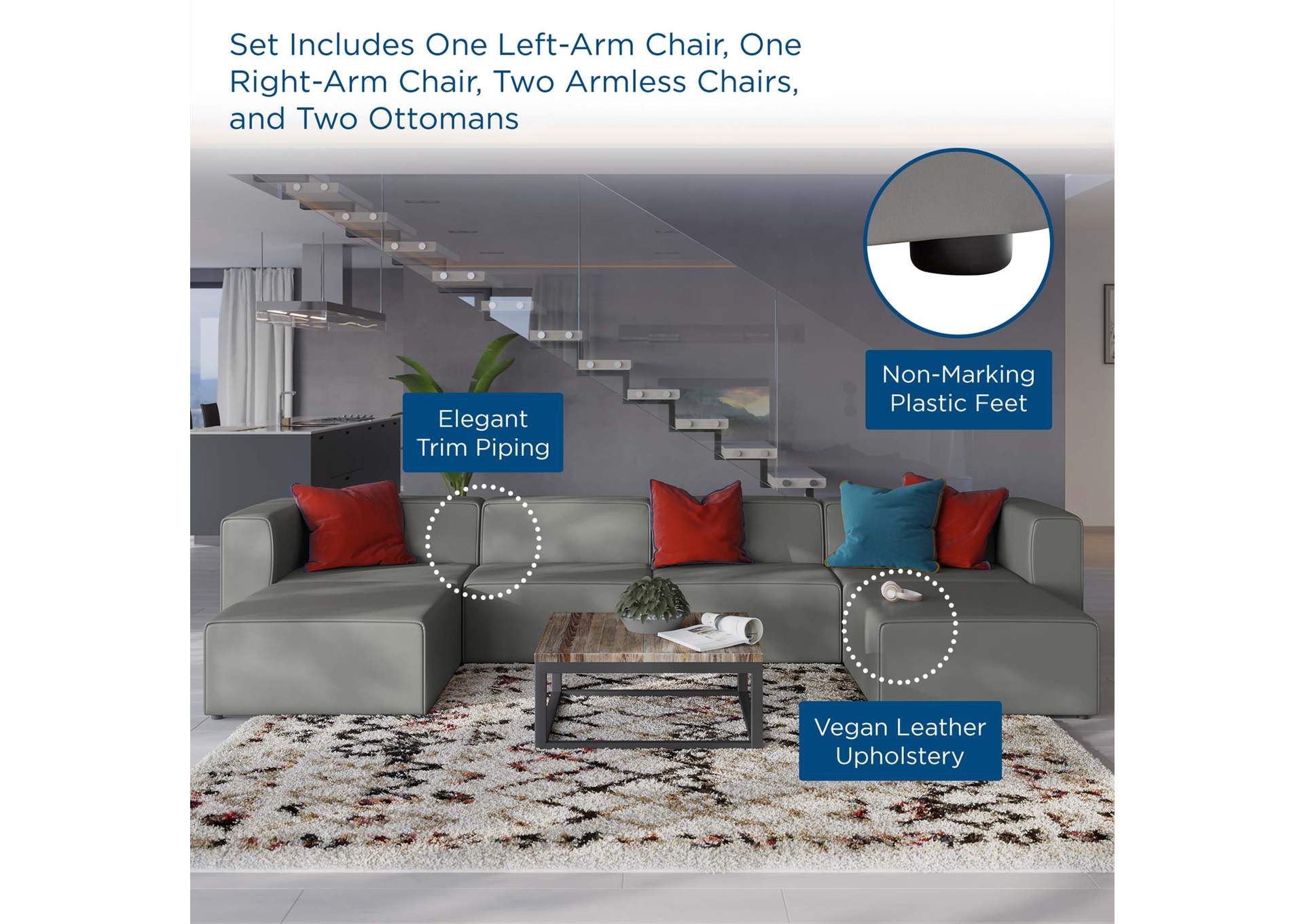 Gray Mingle Vegan Leather 4-Piece Sofa and 2 Ottomans Set,Modway