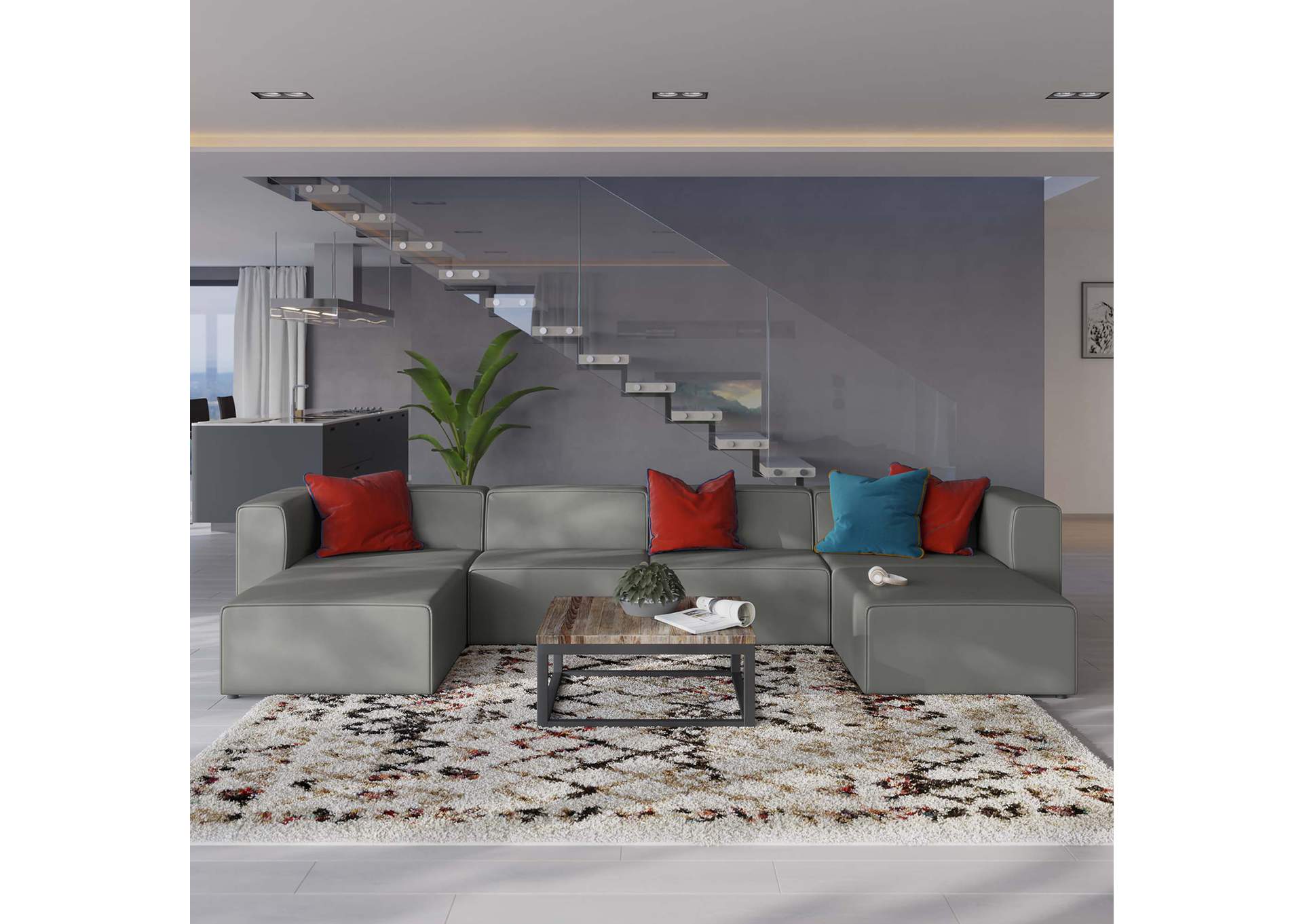 Gray Mingle Vegan Leather 4-Piece Sofa and 2 Ottomans Set,Modway